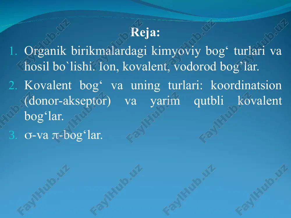 bo’lsa, bunday bog’ qutubli kovalent bog’ deyiladi. qutbli kovalent bog’ning kordinatsion va yarim qutubli (semipolyar) turlari ham mavjud. koordinatsion bog’ – bir atomning elektron jufti hisobiga hosil bo’lgan kovalent bog’. yarim qutbli kovalent bog’ – koordinatsion va ion bog’lar kombinatsiasidan tashkil topgan kovalent bog’dir. bu bog’ → bilan ifodalanadi. ion bog’ – bir atomdan ikkinchi atomga bir yoki birt nechta elektronning batamom ko’chib o’tishi natijasida ionlarning hosil bo’lishi va bu qarama – qarshi zaryadli ionarning elektrostatik tortishishi natijasida hosil bo’ladigan bog’dir. σ – bog’. agar kovalent bog’ s, p, sp3, sp2 va sp – elektronlarning (atom orbitallarning) asosiy o’qi bo’yicha tutashishi natijasida hosil bo’lsa, bu bog’ σ – bog’ deyiladi. π - bog’. agar kovalent bog’ p elektronlarning (atom orbitallarning) yonlama tutashishi natijasida hosil bo’lsa, bu bog’ π - bog’ deyiladi. kovalent bog’ qutbsiz va qutbli bo’lishi mumkin. kovalent yoki gomepolyar yoki atom bog’lanish. kovalent bog’lanishda ikkita bog’lanish hosil qilayotgan …