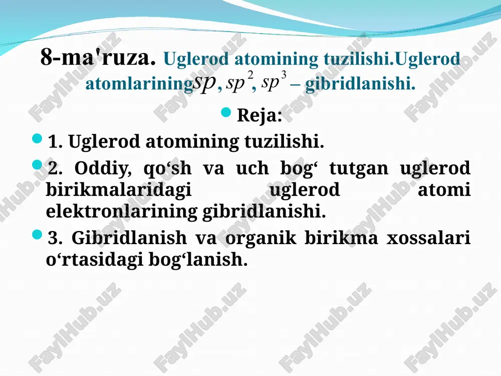 vant – goff va le – bellar (1874)ning uglerod atomi valentligini tetraedrik tasavvurini tushintirib berdi. – gibridlanish (2-chi valent holat) s-orbital va 2 ta p-orbitallarining 3 ta gibridlangan σ-orbitalar bilan almashinishidan hosil boʻladi. uglerodning simmetriya oʻqi bir tekislikda joylashgan boʻlib, toʻgʻri uchburchak markazidan uning qirralari tomon yoʻnalgan boʻladi va bir-biri bilan burchak hosil qiladi. bunda gibridlanishda ishtirok etmagan 1ta p- orbital, simetriya oʻqi, σ-orbital tekisligiga perpendikulyar yoʻnalgan boʻladi. – gibridlanish 2-chi valent holat yoki trigonal gibridlanish deyiladi. – gibridlangan valent orbitallarning fazoviy joylashuvi (2-chi valent holat, yoki trigonal). bunga etilen molekulasini misol keltirish mumkin. –gibridlanish (uchinchi valent holat) bu 1ta s va 1ta p orbitallarni, 2 ta mos gibridlangan ( σ -orbital) orbitallar bilan almashtirish orqali hosil boʻladi. ular 2 ta sarflanmagan p-orbitallar bilan 2 ta -bogʻlanish hosil qiladi. tekislikdagi gibridlangan σ-orbitallar. (fazoviy yoʻnalganlik). –gibridlangan valent orbitallarning fazoviy joylashuvi (uchinchi valent holat).bunga atsetilen molekulasi tuzilishini misol keltirish mumkin. gibridlanish va …