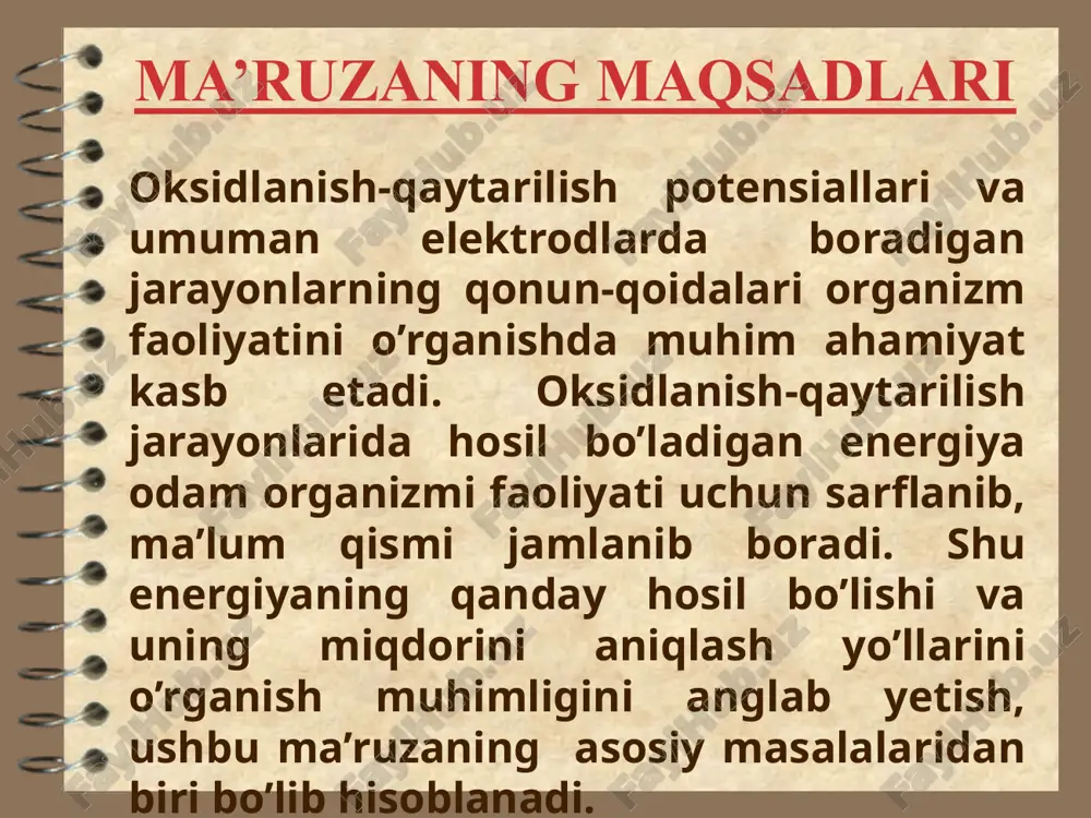 chegarasida hosil bo`ladi: cu + zn - cuso4 + + + + + + znso4 + + + + + + membrana potensiali membrana potensiali - biologik membraning ikki tarafidagi ionlar konsentratsiyasining farqi hisobiga hosil bo`ladi. xujayra devorlarining tashqi va ichki taraflari orasida -75 mv ga teng potensiallar ayirmasi hosil bo`ladi. shu qiymatning o`zgarishi ionlarning xujayradan o`tish tartibini o`zgarishiga olib keladi. elektrokimyoviy potensiallar uchun nernst tenglamasi rt e = e0 + --------- ln cme+z zf e - elektrokimyoviy potensial e0 - standart elektrokimyoviy potensial r - universal gaz doimiysi t - absolut harorat f - faradey soni, z -metall valentligi cme+z - metall ionlarining konsentratsiyasi elektrokimyoviy potensiallar uchun nernst tenglamasi 0,058 e = e0 + --------- lg cme+z z cme+z = 1 mol/l bo`lganda potensial standart elektrokimyoviy potensial deyiladi. uni o`lchaganda vodorod elektrodi pt/ h+; h2 (evod.= 0) - solishtirish elektrodi bo`ladi. rux - mis galvanik elementi _ + zn …