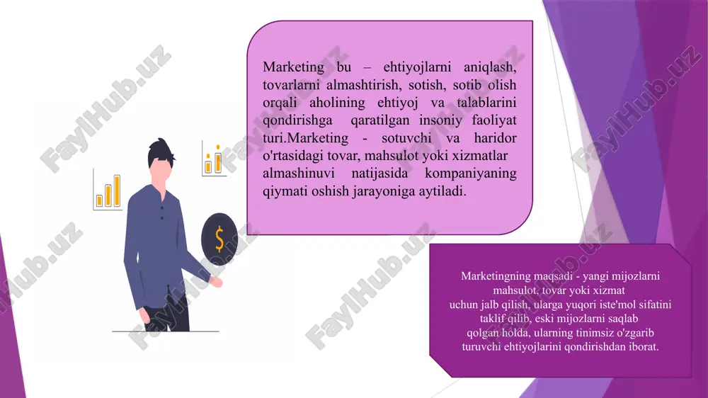 i o'rgatadi: • bozorni o'rganishni; • uni taqsimlashni; • tovarini joylashtirishni; • marketing siyosatini olib borishni; • tovar siyosatini; • narx siyosatini; • taqsimot siyosatini; • siljitish (yo'naltirish) siyosatini; • yuksalish, qo'shimcha xizmatlarini. marketing asosida bozorni har taraflama o'rganish yo'nalishlarining asosiylaridan quyidagilarni ko'rsatib o'tish zarur: • talabni o'rganish; • bozor tarkibini aniqlash; • tovarni o'rganish; • raqobat sharoitlarini tadqiq qilish; • sotish shakli va uslublarini tahlil etish. e’tiboringiz uchun rahmat! image1.png image2.png image3.png image4.jpeg image5.jpeg image6.jpeg /docprops/thumbnail.jpeg