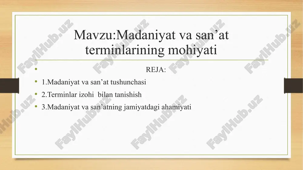 madaniyat moddiy va maʼnaviy madaniyatga boʻlinadi maʼnaviy madaniyatga ong, maʼnaviyat sohalari kiradi (bilim, axloq, taʼlimtarbiya, huquq, falsafa, etika, estetika, fan, sanʼat, adabiyot, mifologiya, din va boshqalar). sanʼat – bu inson his-tuyg‘ularini, estetik qarashlarini vadunyo haqidagi tasavvurlarini turli vositalar orqali ifodalovchi ijodiy faoliyatdir. sanʼat so‘zining kelib chiqishiarabcha sana’a so‘zidan kelib chiqqan bo‘lib,“yaratmoq”,“ishlab chiqarmoq” maʼnosini bildiradi. qadimgi davrlardan boshlab sanʼat turli shakllarda namoyon bo‘lgan: toshga o‘yib chizilgan suratlar, haykallar, musiqa, raqs va boshqalar. madaniyat va san’at terminlari izohi: 1.madaniy meros – o‘tmishdan meros qolgan tarixiy, arxitektura, san'at asarlari va boshqa madaniy qiymatlarni o‘z ichiga oladi. 2.folklor – xalqning og‘zaki ijodidan tashkil topgan turli qoidalar, rivoyatlar, qo‘shiqlar, afsonalar va ertaklar. 3.an'analar – odamlar orasida avloddan-avlodga o‘tib, ijtimoiy hayotda qayta-qayta takrorlanadigan qadriyatlar va urf-odatlar. 4.teatr – sahna sanʼati bo‘lib, aktyorlar tomonidan tomoshabinlar uchun spektakllar va drama namoyishlari o‘tkaziladi. 5.til – madaniyatning muhim qismi, xalqning fikrlarini, tarixini va qadriyatlarini ifodalovchi vosita. madaniyat va sanʼatning jamiyatdagi …