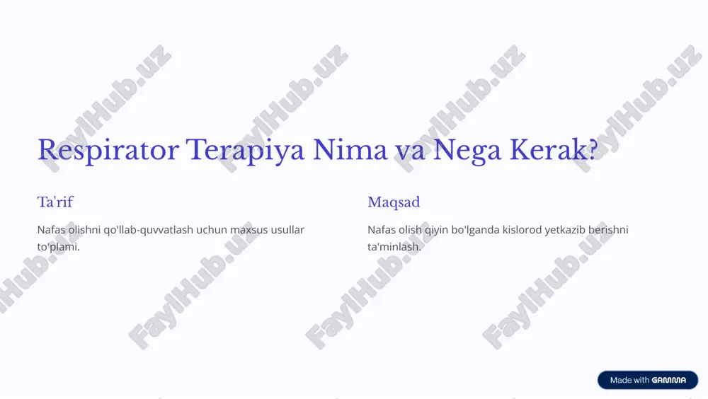 ng kamayishi spo2 past bo'lsa, terapiya talab qilinadi. nafas olishda qiyinchilik astma, pnevmoniya yoki yurak yetishmovchiligida qo'llanadi. jiddiy jarrohlikdan so'ng nafas yo'llarini qo'llab-quvvatlash uchun ishlatiladi. https://gamma.app/?utm_source=made-with-gamma respirator terapiya va oksigenoterapiya qo'llanilishi bemorni baholash holatiga qarab mos usul tanlanadi. terapiya boshlash to'g'ri apparat va dozani sozlash muhim. davomiy monitoring natijalar va yon ta'sirlar tekshiriladi. terapiya tugatish holat yaxshilansa asta-sekin cheklab boriladi. https://gamma.app/?utm_source=made-with-gamma