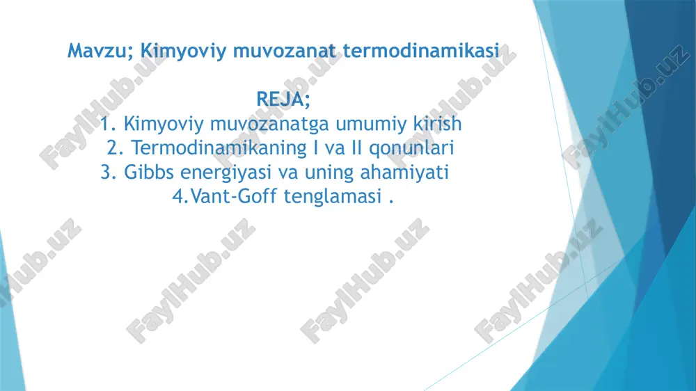 tasi o'zgarganida muvozanat buziladi va reaksiyaga kirishayotgan barcha moddalarning konsentratsiyasi yangi muvozanat qaror topgungaqadar o'zgaraveradi, bu muvozanat konsentratsiyalarning boshqqiymatlarida qaror topadi. reaksiya sistemasining bir muvozanat holatidan boshqasiga bunday o'tishi kimyoviy muvozanatningsiljishi (yoki surilishi) deyiladi. agar sharoit o'zgarganida oxirgi moddalarning konsentratsiyasi ko'paysa, muvozanat reaksiya mahsulotlari tomoniga siljigan bo'ladi. agar boshlang'ich moddalarning konsentratsiyasi ko'paysa, u holda muvozanat boshlang'ichmoddalar hosil bo'lishi tomoniga siljigan bo'ladi. muvozanat turlari; 1.gomogen muvozanat bu turdagi muvozanatda barcha reaksiya ishtirokchilari bir xil fazada bo‘ladi, odatda gaz yoki suyuq holatda. misol: n2+3h2=2nh3 2.geterogen muvozanat. muvozanatda ishtirok etayotgan moddalarning fazalari har xil bo‘ladi (masalan, gaz va qattiq). misol; caco3=cao+co2 3. fizik muvozanat;fizikaviy o‘zgarishlarda (masalan, bug‘lanish, erish) kuzatiladigan muvozanat.misol: suvning suyuq holatdan bug‘ holatiga o‘tishi va aksincha: bu kimyoviy reaksiyalar davomida mahsulotlar va reaktantlar konsentratsiyasi o‘zgarmas bo‘lib qoladigan holat. bu gomogen va geterogen muvozanatlar ichiga kiradi. 4. dinamik muvozanat. bu muvozanatda moddalarning oldinga va orqaga reaksiyalari bir xil tezlikda boradi. moddalarning umumiy …