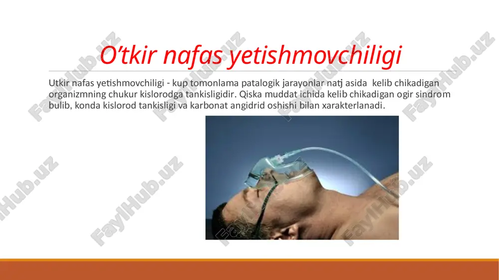 ilan (anilin, xinon, gidroxinon, salisilatlar, sulfanilamidlar) zaharlanganda kelib chiqadi. gemik gipoksiyada o’pkada gaz almashinuvi bo’zilmagan. hb mikdori kam, bunda sianozlar bo’lmaydi. sirkulyator gipoksiyada yurak qon tomir tizimi faoliyati bo’zilishi natijasida kelib chiqadi. kislorodning organ va to’qimalarga yetib borishi bo’ziladi (yurak nuksonlari, yukte, to’qimalarning o’tkir va surunkali yallig’lanishlari, tomirlarning okklyuzion shikastlanishlari) bu vaqtda butun organizm buylab qon oqimi sekinlashadi. venoz qonda kislorodning mikdori kamayadi, arterial qonda yuqori. to’qima gipoksiyasida hujayra o’ziga kelayotgan kislorodni qabo’l qilib olmaydi. bunga sitoxromoksidaza fermenti faolligi bo’zilganda, degidrogenaza fermentlari guruhi aktivligi pasayganda (alkogoli intoksikasiya, narkotiklar, efir uretanlar bilan zaharlanganda), v guruh avitaminozlarida, yomon sifatli, hajmli jarayonlarda. foydalanilgan adabiyotlar 1. eshonov o.s. «anesteziologiya va reanimatologiya». darslik -toshkent. “taraqqiyot”. 2010 y 2. sobirov j. m., otaxonov sh. e. “shoshilinch holatlar”.darslik - toshkent. “taraqqiyot”. 2006 y image2.jpg image3.jpg image4.jpg image5.jpg image6.jpg image7.jpeg /docprops/thumbnail.jpeg