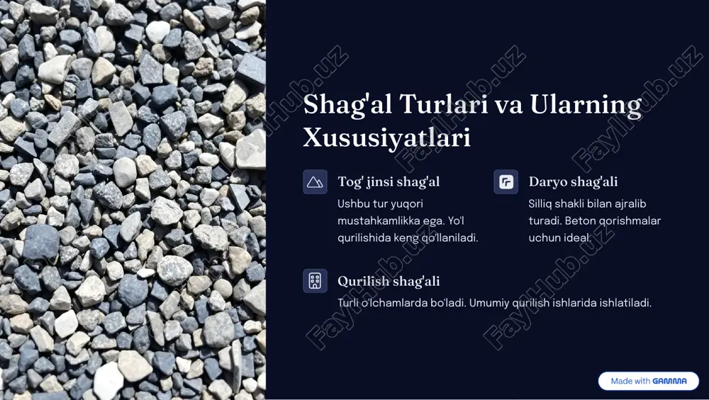 ga ta'sir qiladi. 500t haj� yuk hajmi katta bo'lsa, chegirmalar bo'lishi mumkin. https://gamma.app/?utm_source=made-with-gamma s�ag'al ta��i�� biz�e�i�i�g re�tabelligi shag'al tashish biznesi bir necha omillarga bog'liq. yuk hajmi yo'l xarajatlari mijozlar bazasi texnik xizmat yuk hajmi va yo'l xarajatlari eng muhim omillar hisoblanadi. https://gamma.app/?utm_source=made-with-gamma za�o�aviy tex�ologiyalar va i��ovat�iyalar gps kuzatuvi yuk mashinalarining joylashuvini real vaqtda kuzatish. avto�atla��tiri� � yuklash va tushirish jarayonlarini avtomatlashtirish. bulutli tizi�lar ma'lumotlarni saqlash va boshqarish. https://gamma.app/?utm_source=made-with-gamma xulo�a va tav�iyalar rejala��tiri�� har bir bosqichni puxta rejalashtirish muhim. xavf�izlikka e'tibor ishchilarni va yuklarni himoya qilish ustuvor vazifa. i��ovat�iyalar samaradorlikni oshirish uchun yangi texnologiyalarni qo'llash. https://gamma.app/?utm_source=made-with-gamma