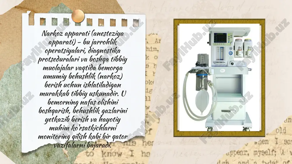 sh uchun ishlatiladi. 4. ventilyator: • bemorning o'rniga nafas olishni ta'minlaydi. ventilyatorlar bosimni, hajmni yoki vaqtni nazorat qilish rejimlarida ishlashi mumkin. • zamonaviy narkoz apparatlari odatda o'rnatilgan ventilyatorga ega. 5. monitoring tizimi: • ekg (elektrokardiogramma): yurak faoliyatini kuzatadi. • qon bosimi: sistolik, diastolik va o'rtacha arterial bosimni o'lchaydi. • puls oksimetriya (spo2): qondagi kislorodning to'yinganligini (saturatsiyasini) o'lchaydi. • kapnografiya (etco2): chiqarilgan nafasdagi karbonat angidrid miqdorini o'lchaydi, bu nafas olish tizimining samaradorligini va bemorning metabolik holatini baholashga yordam beradi. • anestetik gazni monitoring qilish: nafas olish tizimidagi anesteziya gazlarining konsentratsiyasini o'lchaydi. • harorat: bemorning haroratini kuzatadi. 6. xavfsizlik tizimlari: • bosim o'lchagichlar va signalizatsiya: gaz bosimi yoki kislorod konsentratsiyasi xavfsiz chegaradan tashqariga chiqsa, ogohlantirish beradi. • kislorod yetishmasligi himoyasi: agar kislorod bosimi juda past bo'lsa, azot oksidi kabi boshqa gazlarning oqimini avtomatik ravishda to'xtatadi. • elektr ta'minoti uzilishida zaxira batareyalar: apparatning ishlashini ta'minlash uchun. anesteziya apparati (diagramma): a - gazsimon moddalar …