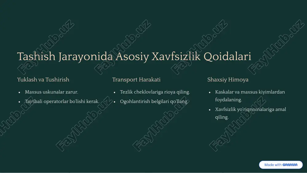 ash va boshqarish 1 yoqilg'i xarajatlari marshrut uzunligi va transport vositasi iste'moli. eng asosiy xarajat. 2 mexanik xizmat ko'rsatish muntazam tekshiruvlar va ta'mirlash. kutilmagan xarajatlarni kamaytirish. 3 sug'urta xarajatlari yukni sug'urtalash. zararlarni qoplash uchun muhim. https://gamma.app/?utm_source=made-with-gamma tashish jarayonini nazorat qilish va monitoring qilish gps monitoring yukning joylashuvini real vaqtda kuzatish. aniqlikni ta'minlash. video nazorat tashish jarayonini yozib olish. xavfsizlikni oshirish. aloqa haydovchi bilan doimiy aloqa. har qanday muammolarni hal qilish. https://gamma.app/?utm_source=made-with-gamma tashishda yuzaga kelishi mumkin bo'lgan muammolar va ularni hal qilish yo'llari tashish jarayonida kutilmagan vaziyatlar yuzaga kelishi mumkin. trafik tinchligi muqobil marshrutlarni aniqlash. mexanik buzilishlar favqulodda yordam xizmati. ob-havo sharoiti tashishni kechiktirish yoki boshqa yo'l topish. bu muammolarni oldindan rejalashtirish va tezkor choralar ko'rish orqali bartaraf etish mumkin. https://gamma.app/?utm_source=made-with-gamma xulosa va tavsiyalar 1 rejalashtirish tashishdan oldin har bir bosqichni puxta rejalashtiring. 2 xavfsizlik barcha xavfsizlik choralariga qat'iy rioya qiling. 3 monitoring tashish jarayonini doimiy nazorat qiling. ushbu qoidalar temir …