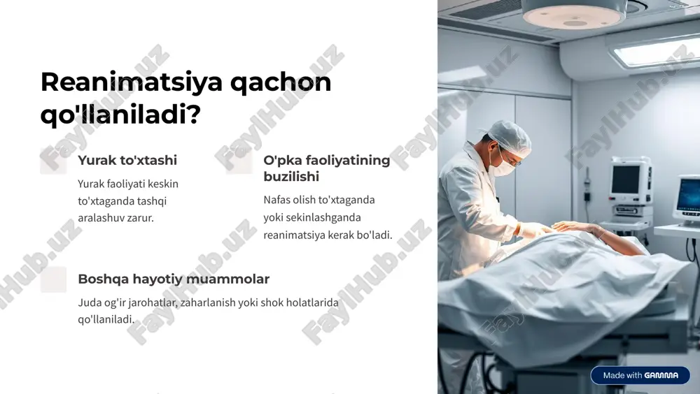 e=made-with-gamma reanimatsiyadan so'ng yonma-yon nazorat yurak nazorati ekg va yurak urishi monitoring qilinadi. nafas monitoringi o'pka funktsiyasi va kislorod darajasi tekshiriladi. asoratlarni aniqlash qon bosimi va boshqa muammolar kuzatiladi. https://gamma.app/?utm_source=made-with-gamma reanimatsiyaning asosiy maqsadlari 1 hayotni saqlab qolish o'pka va yurak faoliyatini tiklash muhim. 2 oksigen ta'minoti to'qimalarga kislorod yetkazishni ta'minlash. 3 asoratlardan saqlash organ yetishmovchiligi va boshqa muammolarni kamaytirish. https://gamma.app/?utm_source=made-with-gamma xulosa va tavsiyalar vaqt muhim reanimatsiya imkon qadar tez boshlanishi zarur. malakali yordam treningdan o'tgan shifokorlar jarayonni yaxshi boshqaradi. davomiy nazorat reanimatsiyadan keyingi yana nazorat talab qilinadi. jamoaviy ish yaxshi muvofiqlashtirilgan jamoa natijani yaxshilaydi. https://gamma.app/?utm_source=made-with-gamma