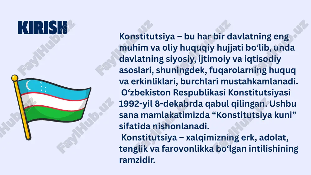 a) – har bir fuqaro qonunlarga hurmat bilan munosabatda bo‘lishi shart. 2 boshqalarning huquqlarini hurmat qilish – har kim o‘z erkinligini boshqalar manfaatiga zid tarzda ishlatmasligi kerak. 3 atrof-muhitni asrash – ekologik tozalik va tabiat boyliklarini ehtiyot qilish har bir insonning burchidir. 4 5 people can gather peacefully for various reasons, including political protests. vatanga sadoqatli bo‘lish – davlat mustaqilligi va xavfsizligini himoya qilish, soliq to‘lash, mudofaa burchini bajarish majburiyatdir. konstitutsiyada belgilangan huquq va erkinliklarning kafolati – bu ularni amaliy hayotda himoya qilish mexanizmlari mavjudligidir. fuqarolar o‘z huquqlarini buzilgan deb hisoblasa, sudga murojaat qilish huquqiga ega. sud hokimiyati konstitutsiyaga asoslanib adolatni ta’minlaydi. inson huquqlari bo‘yicha vakil (ombudsman) – fuqarolarning huquqlarini himoya qiluvchi mustaqil organ. davlat organlari, shu jumladan, prezident, oliy majlis va hukumat konstitutsiya ustuvorligini ta’minlash uchun javobgar. huquqlarimizning kafolati 2023-yil 30-aprel kuni o‘zbekiston respublikasida umumxalq referendumi o‘tkazildi va konstitutsiyaning yangi tahriri qabul qilindi. yangi tahrirda quyidagilarga alohida e’tibor qaratildi: …