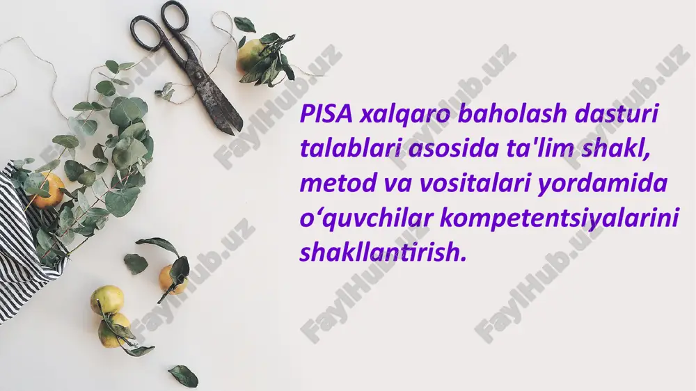 osiyoda – xitoy, koreya, singapur, yaponiya, yevropada - finlyandiya, estoniya, shveytsariya, polsha va niderlandiya kabi mamlakatlarning oʻrta ta’lim tizimi yaxshi rivojlangan. test iqtisodiy hamkorlik va taraqqiyot tashkiloti (oecd) tomonidan yetakchi xalqaro ilmiy tashkilotlar bilan konsorsiumda, milliy markazlar ishtirokida tashkil etiladi. tadqiqotda iqtisodiy hamkorlik va taraqqiyot tashkilotiga aʼzo boʻlgan davlatlar, shuningdek, oecd bilan hamkorlik aloqalari boʻlgan davlatlar ishtirok etadi. bir javobli testlar; bir nechta javobli testlar; qisqa yoki batafsil javob yoziladigan savollar; pisa sinovlarida toʻrt xil sinov usulidan foydalaniladi: biror muammoning yechimi boʻyicha oʻquvchi fikri (odatda bunday savollarda tekshiruvchida umumiy javoblar boʻladi, oʻquvchi javobi test tuzivchi javobiga aynan mos kelishi talab qilinmaydi, oʻquvchi ijodkorligi qoʻllab quvvatlanadi). xalqaro tadqiqotlardagi natijalarni yaxshilash uchun o‘qituvchilarni maqsadli tayyorlash va ta’lim jarayonida o‘qitish metodikasi va ustuvor tamoyillarni o‘zgartirish zarur. buning uchun biz o‘qituvchilarni tayyorlashimiz, rivojlantiruvchi ta’limning yanada faol tizimini tatbiq etishimiz va o‘qituvchilarni ta’lim jarayonida yanada muvaffaqiyatli foydalana oladigan materiallar bilan ta’minlashimiz kerak. bu eng muhimi …