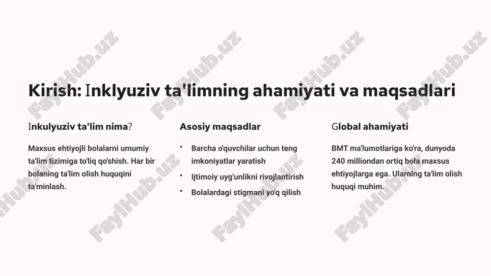 un moslashtirilgan o'quv materiallari. ko'p sensorli yondashuv ta'limda qo'llaniladi. respons to intervention (rti) uch bosqichli ko'mak tizimi. dastlabki muammolarni aniqlash va individual yordam. individual o'qitish rejasi (iep) har bir maxsus ehtiyojli bolaga individual reja. o'qituvchilar, ota-onalar, mutaxassislar hamkorlikda tuzadilar. ko-teaching modeli ikkita o'qituvchi bir sinfda: asosiy va maxsus o'qituvchi. hamkorlikda darslarni o'tadilar. osiyo tajribasi yaponiya moslashtirilgan texnologiyalarga katta e'tibor. robot o'qituvchilar autizm spektri buzilishi bo'lgan bolalar bilan ishlaydi. hindiston "sarva shiksha abhiyan" dasturi. jamiyat asosidagi inkulyuziv ta'lim. qishloq maktablari va uyda o'qitish. singapur davlat-xususiy sektor hamkorligi. maxsus o'quv markazlari tarmog'i maktablar bilan bog'langan. xitoy so'nggi yillarda "learning in regular classrooms" dasturi. asta-sekin an'anaviy modeldan inkulyuzivga o'tish. avstraliya tajribasi individual qo'llab-quvvatlash har bir o'quvchiga moslashtirilgan xizmatlar jamoaviy yondashuv mutaxassislar, o'qituvchilar va ota-onalar hamkorligi milliy standartlar disability standards for education huquqiy asos disability discrimination act avstraliya ta'lim tizimi "har bir bola muhim" g'oyasiga asoslangan. qo'llab-quvvatlash xizmatlari barcha darajalarda taqdim etiladi. afrikadagi inklyuziv …