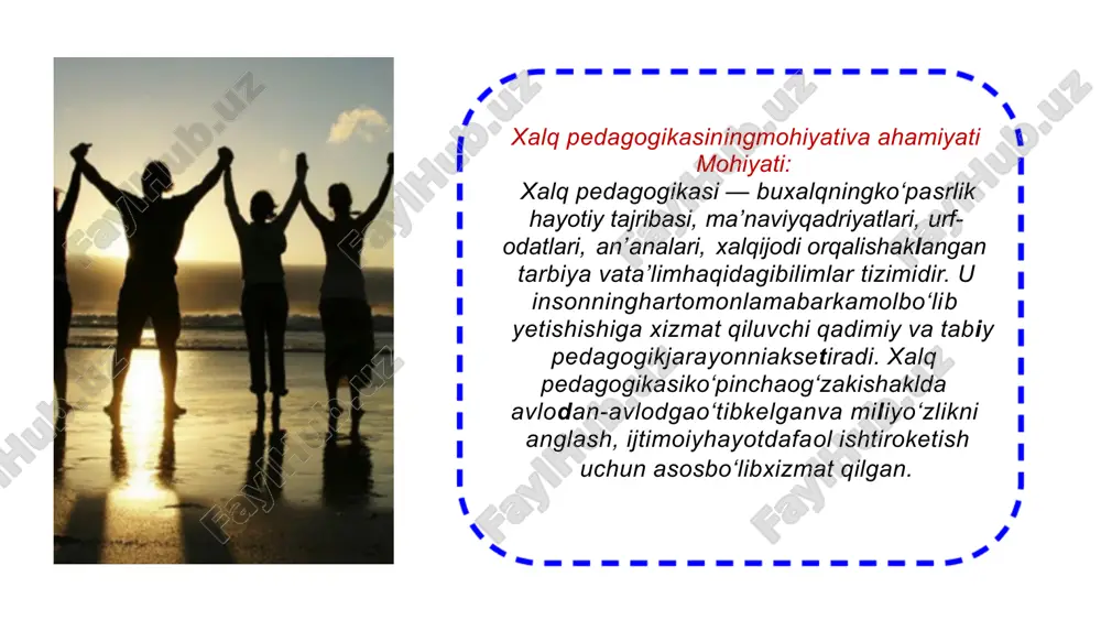 ngajralmasqismisifatida yoshlarni tarbiyalashdamuhimroloy'naydi. bu urf-odatlarva an'analar, asosan, milatning tarixiy tajribasi, madaniy qadriyatlariva axloqiy mey'orlarini aksetiradi. xalq pedagogikasida urf-odatlarva an'analarning o'rni quyidagichabo'ladi: 1. axloqiy vama'naviy qadriyatlarni shaklantirish: miliy urf-odatlarva an'analar, masalan, mehmondos'tlik, katalargahurmat, o'zaro yordam, adolat, vahalolikkabi qadriyatlarni yoshavlodgasingdiradi. bu qadriyatlarjamiyatdayaxshifuqarolarni tarbiyalashdamuhim omilbo'ladi. 2. yoshlarni ijtimoiyhayotga tayyorlash: miliyurf-odatlarva an'analar, masalan, toy', navro'z, mehnatbayramlarikabi tadbirlar orqali yoshlarni ijtimoiy hayotgatayyorlaydi. ushbu tadbirlarda yoshlaroilaviy va jamoaviyan'analargahurmat ko'rsatishni, bir-birigayordam berishni, vajamiyatdao'zo'rnini topishnio'rganadilar. 3. madaniy merosnisaqlash: xalq pedagogikasi orqali miliy urf -odatlarva an'analaravlodan-avlodgaot'ib, xalqning madaniy merosinisaqlashgayordamberadi. bu an'analar, musiqalar, raqslar, san'at asarlarivaboshqa madaniy elementlar orqali yoshlaro'z milatiningmadaniyboyliklarinio'rganadilar. 4. o'ziga xostarbiya metodlari: miliy urf-odatlarva an'analar o'ziga xostarbiya uslublarinitaklifetadi. masalan, xalq oy'inlari, hikoyalar, maqolarva aforizmlar orqali tarbiyajarayonio'ziga xosshaklga egabo'ladi. bumetodlaryoshlarni aql-idrokva axloqiy jihatdan rivojlantirishdasamarali bo'ladi. 5. katalargahurmatvao'zaro aloqalar: miliyan'analaryoshlarnikatalarga hurmatko'rsatishga, ularning tajribasidan foydalanganholdao'rganishga, hamda oilaviy vajamiyatdagimunosabatlarni mustahkamlashgao'rgatadi. xalq pedagogikasida miliy urf-odatlarva an'analar orqali yoshlarnafaqato'z madaniyativatarixinio'rganadilar, balki jamiyatdatog''riva mas'uliyatlifuqarolar sifatida os'ibboradilar. bujarayon milatningkelajagiuchun muhim ahamiyatgaega. oilavajamiyatda qadriyatlarnishaklantirishdagi roli. • …