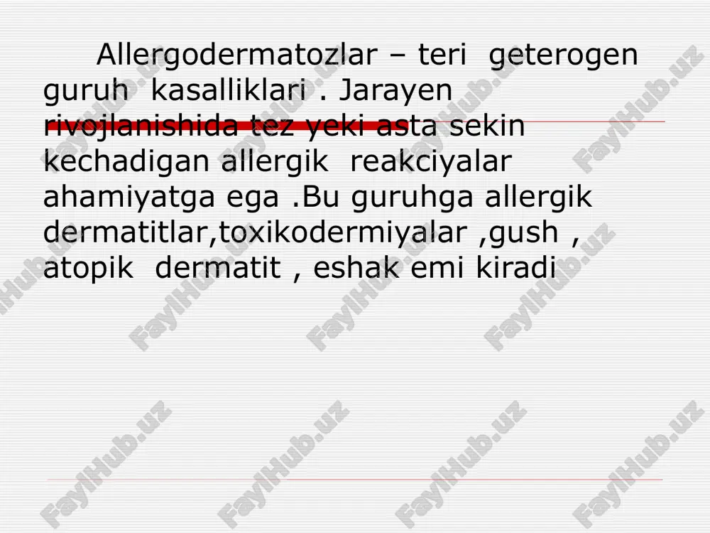 h 1) kompressli ; 2) tomchili ; 3) scarifikaciyali . rulez tashhis differencial tashhis exema toksidermiya davolash ta’sirotni yuq qilish giposensibilizaciyalanuvchi terapiya mahalliy terapiya toxidermiya organizmga sensibilizaciya hususiyatlariga ega moddalar nafas , parenteral yullari orqali , istemol qilganda kiradi va utkir toxikoallergik teri yalliglanuvchi jarayenga sababchi buladi etiologiya va patogenez sabablar : dori –vositalar oziq ovqat oziq ovqat konservantlari metallik protezlar kontraceptivlar klinik kurinish tarqoq toxidermiya dog urtika papula papulovezikulez toshmalar qichishish eritrodermiya ogiz shilliq qavatida –eritematoz -shishli, gemorragik va bullez –eroziv elementlar klinik kurunish fixaciyalangan toxidermiya : shishgan giperemiyalashgan dumaloq yeki ovalsimon doglar ,markazida pufak bulishi mumkin toxidermiyaning ogir turalri layellning epidermal toxik nekrolizi toxidermiyani davolash fixaciyalangan toxidermiya : sababini yuq qilish mahalliy yalliglanishga qarshi vositalar antiseptik vositalar tarqalgan tohidermiya siydik haydidigan vositalar antigistamin vositalar kortikosteroid gormonlar plazmafarez gemosorbciya mahalliy suyukli chayqatma kortikosteroid malhamlar layell sindromi ogir toxikoallergik kasallik . bemorni hayetini havf ostiga quyadi bu kasallikda epidermisni kuchishi, …