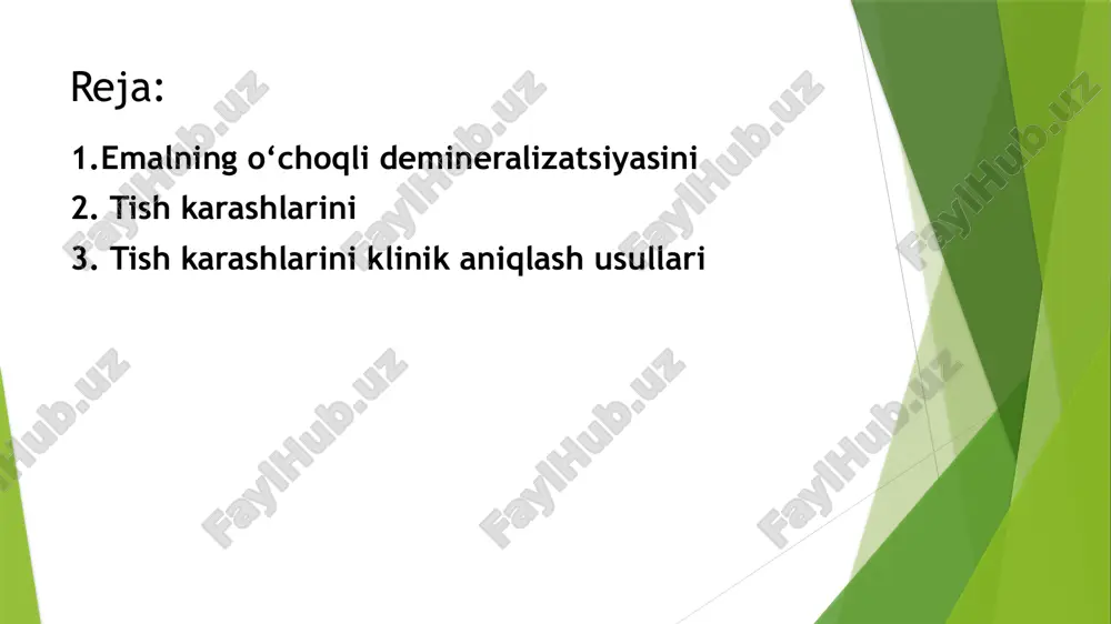 ioni va chaynash intensivligi; 3. so`lak va milk suyuqligi; 4. og’iz bo`shlig’i gigienasi; 5. og’iz bo`shlig’idagi plomba va protezlar miqdori; 6. tish-jag’ anomaliyalari. emal demineralizatsiyasi jaraѐni: 1. tish usti karashi (blyashka). 2. tish pellikulasi. 3. tish emal qavati. 4. o'chokli demineralizatsiya sohasi kariesning boshlang'ich davrida tish yumshoq karashlari ostidagi emal rn muhitning o'zgarishi oqibatida demineralizatsiya jaraѐniga yuz tutadi. xastalikning bu bosqichida "oq dog'" hosil bo'ladi. patologik jaraѐn "oq dog'" bosqichida to'la orqaga qaytib, emal krisstallari to'liq tiklanishi mumkin. bunda remineralizatsiya jarohatlangan emalning ostki qavatlari va tish atrofidagi so'lak tarkibidan o'tadigan mineral tuzlar hisobiga bo'ladi. emalda sodir bo'ladigan "oq dog'" darajasidagi patologik jaraѐnni quyidagicha tasavvur qilish mumkin. blyashka qanday hosil bo'ladi? blyashka yumshoq va qattiq, ikkinchi holatda ular toshlar haqida gapirishadi. tishlardagi yumshoq konlar barcha odamlarda shakllanadi, bu nafaqat oziq-ovqat iste'mol qilish, balki og'iz bo'shlig'ining mikroflorasi bilan ham bog'liq bo'lgan tabiiy va doimiy jarayon. gap shundaki, ko'plab bakteriyalar inson shilliq pardalari …