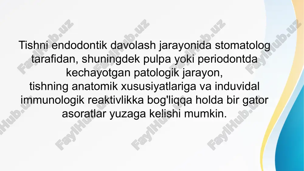 dalanilganda; 3). qiyshiq kanallarga mashinali asboblar bilan ishlov berilganda. ldiz kanal devorini apikal perforaciyasi (via falsa) profilaktika. 1) kanal yorig'ini dentin goldiqlari bilan to'imasligi uchun, kanalga ishlov berish texnikasini to'g'ri go'llash; 2). asbobni kanalga kiritishdan avval kanal qiyshiqligi bo'yicha asbobni egish lozim; 3). kanalni kengaytirilayotganda asbob yordamida qirtishlovchi amallarni bajarish lozim, bunda asbob yordamida minimal aylanma harakatlar bajarish lozim; 4.) kanalning apikal qismini kengaytirish uchun noagressiv uchli asboblarni (batt-tip) go'llash kerak. ildizning o'rta qismining ichki qiyshiqlik sohasida ortigcha bo'ylama kengaytirish ("stripping") sababi. kanal qiyshiqligini yetarlicha baholamaslik, kanalda etarlicha egilmagan asbob bilan ishlash natijasida kelib chigadi. profilaktika. "kichik qiyshiqlik" sohasida kanalni ortiqcha kengaytirishning oldini olish maqsadida avval asbobni qiyshiqlik yo'nalishida egish, kanalning "katta qiyshiqligi" ga yaginlashganda "antiperforacion texnikani" qo'llash ogibatida asoratni artaraf etish mumkin. shuningdek kanalda safety hedstroem buravi va igichka fayllarni qo'llash ham b natijani kafolatlaydi. ingichka kanallarni kanalning birlamchi kengligidan 2-4 hajm ortigcha kengaytirmaslik tavsiya etiladi. ildiz kanali devorining …