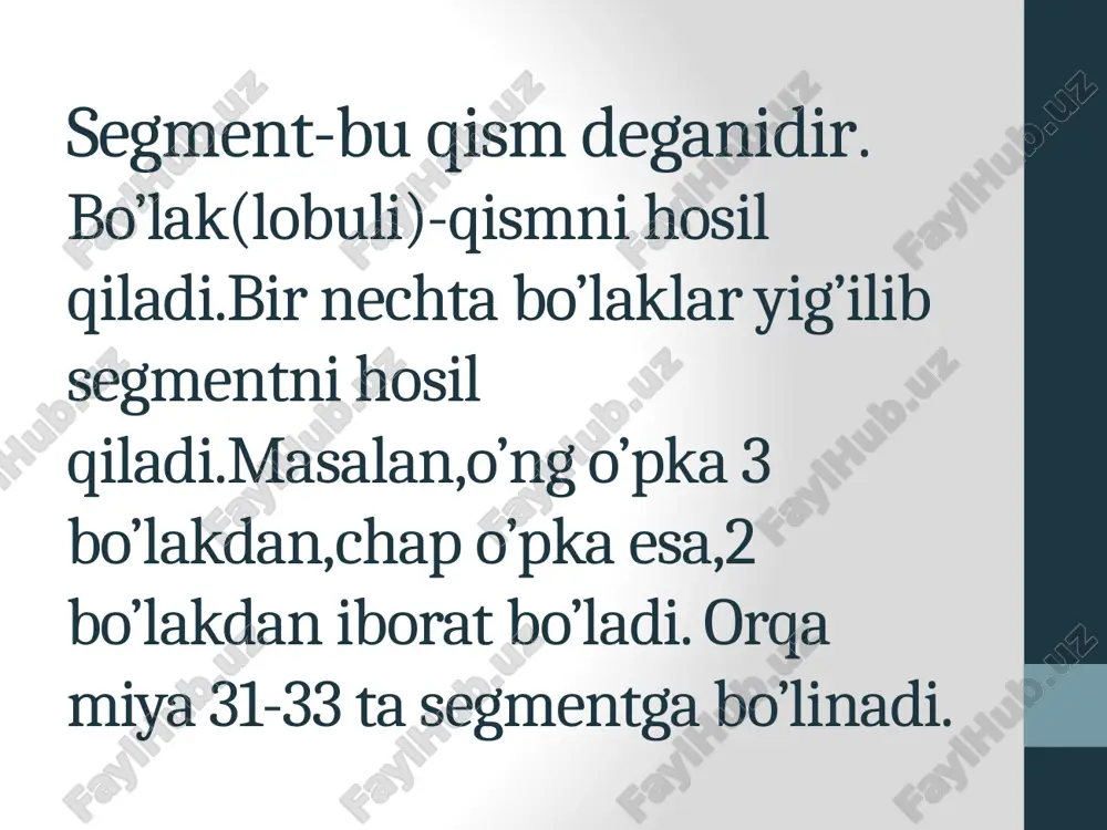 yoshga oid farqlar: 16-17 yoshlarda umurtqalar umuman suyaklanib bo’ladi, ammo ko’ndalang , bo’g’im,o’tkir qirrali o’siqlarning uchlarida va tananing pastki va ustki yuzasi oqirralaridan tog’ay to’qimasi bo’ladi. ko’krak qafasi (compages thoracis) orqa tomondan 12 ta ko’krak umurtqasi, ikki yodan 12 juft qovurg’alar,old tomondan to’sh suyagidan tashkil topgan. ko’krak qafasida tepa va pastki teshiklar mavjud. ko’krak qafasi (compages thoracis): ko’krak qafasi chaqaloqlarda piramida shaklida bo’lib,oldindan orqaga qaragan uchi ko’ndalang o’lchoviga nisbatan kattaroq. to’sh osti burchagi(angulus infrasternalis) keng,o’tmas burchak hosil qilib joylashadi. ayollarning ko’krak qafasi erkaklarnikiga qaraganda kaltaroq va pastki ravig’i(arcus costalis) yassiroq.o’rta yoshdagi erkaklarning ko’krak qafasi yassi bo’lib ko’ndalang o’lchami katta bo’ladi. sportchilarning ko’krak qafasi ham katta ,keng,tiriklik hajmi nisbatan ko’p bo’ladi.shu soxadagi mushaklar yaxshi rivojlangan hisoblanadi ko’krak qafasiga sport va jismoniy mehnatning ta’siri. sport va jismoniy mehnat odam tanasining hamma qismlari kabi ko’krak qafasi rivojlanishiga ham ijobiy ta’sir etadi.doimiy yugurish va boshqa ko’pgina mashqlar ko’krak qafasining va o’pkalarning hajmi oshishiga sabab …