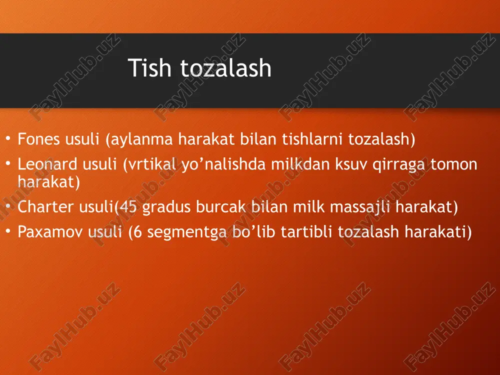 h go'shtidan tish tojigacha bo'lgan yo'nalishda amalga oshiriladi: yuqori jag'da - yuqoridan pastga, pastki jag'da - pastdan yuqoriga. tishlarning vestibulyar yuzalari yopiq jag'lar bilan tozalanadi, chaynash yuzalari oldinga va orqaga cho'tka bilan tozalanadi. bu usul "qizildan oqgacha" - "tish go'shtidan tishga" usuli sifatida tanilgan. bass usuli. tish cho'tkasining boshi tish o'qiga 45 ° burchak ostida joylashgan. elyaflarning uchlari emal va papillalarga bosiladi. bu holatda kichik amplitudali tebranish harakatlari ishlab chiqariladi. elyaflar tishlararo bo'shliqlar va gingival truba ichiga kirib, blyashka yaxshi olib tashlanishiga yordam beradi. bass usuli mutlaqo oddiy emas. tish cho'tkasining noto'g'ri joylashishi, masalan, tish o'qiga vertikal, epiteliya biriktirilishi va tish go'shtining shikastlanishiga olib keladi. ushbu usul kattalar uchun ko'rsatiladi. usul nizomlari. tish cho'tkasining boshi tish o'qiga 45 ° burchak ostida o'rnatiladi, shunda tolalarning uchlari tojning tashqi yuzasiga tegib, chiqib ketish chetiga etib boradi. engil bosim bilan, cho'tkalarning uchlari muloyimlik bilan interdental bo'shliqlarga suriladi. bu holatda tebranish harakatlari amalga oshiriladi. …