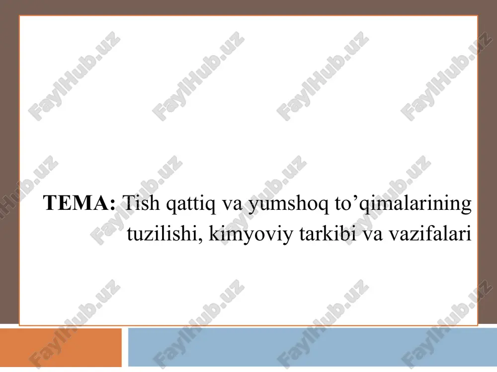 i) snaruji rotovoy jidkostyu so storoni pulpi — tkanevoy jidkostyu nalichiyu prostranstv v emali, zapolnennix jidkostyu emal pronitsaema v oboix napravleniyax: ot poverxnosti emali k dentinu i pulpe ot pulpi k dentinu i poverxnosti emali na etom osnovanii emal zuba schitayut polupronitsaemoy membranoy pronitsaemost est glavnaya prichina sozrevaniya emali zubov posle prorezivaniya v zube proyavlyayutsya obichnie zakoni diffuzii emal polupronitsaemoy membranoy stepen pronitsaemosti emali v razlichnie periodi razvitiya zuba snijaetsya v sleduyushem ryadu: emal zachatka zuba emal vremennogo zuba emal postoyannogo zuba pojilogo cheloveka emal postoyannogo zuba molodogo cheloveka plotnost emali snijaetsya ot poverxnosti koronki vglub k dentino-emalevoy granitse ot rejushey kromki k sheyke demineralizatsiya – vixod ionov iz emali remineralizatsiya – postuplenie ionov v emal 1 2 11 emal yavlyaetsya samoy tverdoy tkanyu tela cheloveka, chto ob'yasnyaetsya visokim soderjaniem v ney mineralnix soley. ximicheskiy sostav emali: do 97 % neorganicheskix veshestv 2-3 % svobodnoy vodi 1-2 % organicheskix veshestv …