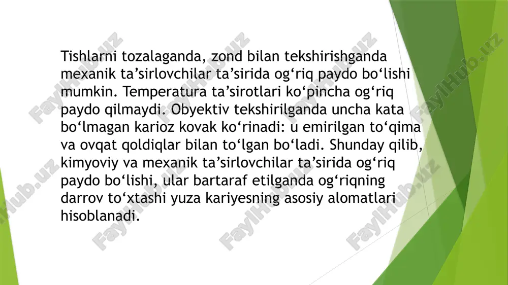 nizmga ta’sir ko‘rsatish bilan erishiladi. operatsiyasiz etiotrop davolashda tish yuzalaridagi yumshoq karashlar olib tashlanadi. bu boshlanadigan kariyes kasalligida dog‘lar paydo bo‘lganda o‘tkaziladi. yumshoq tish karashi 3% vodorod peroksidiga botirilgan, shimdirilgan paxta yordamida pinset bilan va chyotkalar yordamida olib tashlanib, tish yuzalari tozlanadi va odatdagidek tish pastalari va cho‘tkalari bilan tishlar yuviladi. operativ-tiklash usulida bormashina va boshqa asboblar yordamida hosil bo‘lgan kariyes kovagiga qabul qilingan usullarga muvofiq ishlov beriladi va plomba, vkladkalar bilan tishning anatomik shakli va fiziologik vazifasi tiklanadi. demak, operatsiyasiz davolash usuli faqat "boshlanadigan" yoki "dog‘ shaklida" gi kariyes kasalligida — kariyes kovagini hosil bo‘lmagan davrda qo‘llanadi. operativ-tiklash usuli esa, yuza kariyesdan boshlab, o‘rta, chuqur va chuqurlashgan chuqur kariyeslarda qo‘llanadi. operativ usul yordamida kariyes, yumshagan qattiq to‘qimalar (emal, dentin) ni olib tashlash ko‘pincha ekskovator, ayrim paytlarda borlar yordamida amalga oshiriladi va bu ish deyarli og‘riqsiz kechadi. lekin kovak devorlari va bo‘shliq tubida joylashgan, hali ancha qattiq tarzda bo‘lgan pigmentlangan …