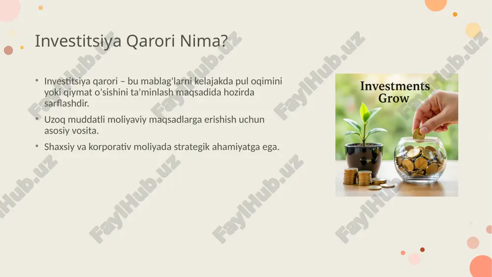 ir variant bilan bog'liq bo'lgan xavflar va kutilayotgan daromadlarni aniqlash. xavf-daromad nisbatini (risk-return trade-off) tahlil qilish. investorning riskka chidamliligiga mos variantlarni saralash. investitsiya qarori jarayoni: 5-qadam barcha tahlillar asosida eng optimallashgan investitsiya qarorini qabul qilish. qarorning asosiy sabablarini va kutilayotgan natijalarni hujjatlashtirish. qaror qabul qilishda ishonch va aniqlik muhim. investitsiya qarori jarayoni: 6-qadam qabul qilingan qarorni amaliyotga tatbiq etish (aktivni sotib olish, loyihani boshlash). kerakli mablag'lar va resurslarni jalb qilish. amalga oshirish jarayonini nazorat qilish. investitsiya qarori jarayoni: 7-qadam investitsiyaning samaradorligini muntazam ravishda kuzatish va baholash. kutilgan natijalar bilan haqiqiy natijalarni solishtirish. zarur bo'lganda tuzatishlar kiritish yoki strategiyani o'zgartirish. xavf tahlili va boshqarish xavf turlari: bozor xavfi, kredit xavfi, likvidlik xavfi, operatsion xavf. xavfni baholash usullari (ssenariy tahlili, stress-test, ehtimoliy tahlil). xavfni boshqarish strategiyalari: diversifikatsiya, sug'urta, hedging. daromadni baholash usullari investitsiyadan olinadigan foyda (dividentlar, foizlar, kapital o'sishi). nominal va real daromadni hisoblash. o'rtacha yillik o'sish sur'ati (cagr) kabi ko'rsatkichlar. asosiy …