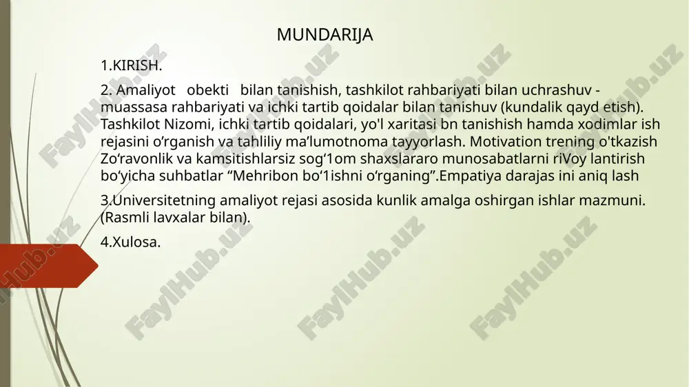 ushbu pasportlar asosida individual yondashuv va psixologik-pedagogik qo‘llab-quvvatlash yo‘nalishlarini belgiladim. amaliyotning uchinchi kuni 05.03.2025 "maqsadlarga intilish" psixologik-pedagogik diagnostik metodikasini o‘tkazdim. ushbu metodika orqali bolalarning qiziqishlari, kelajakdagi tasavvurlari va motivatsiyasi o‘rganildi. mashg‘ulot davomida bolalar o‘z orzulari haqida suhbatlashdi, turli didaktik o‘yinlar va rasm chizish orqali o‘z istaklarini ifoda etishdi. natijalarga asoslanib, tarbiyachilar va ota-onalar uchun tavsiyalar berildi. amaliyotning to’rtinchi kuni 06.03.2025 tashkilot psixologining hujjatlari bilan tanishdim. psixologik xizmatning yuritilishi, tashxis va korreksiya ishlari bo‘yicha zaruriy hujjatlarni o‘rganib chiqdim. biriktirilgan sinf bilan tanishdim, o‘quvchilarning umumiy psixologik holati va ijtimoiy muhitini kuzatdim. guruh bilan suhbat tashkil etdim hamda “tanishuv” mashqini o‘tkazib, o‘quvchilarning o‘zaro munosabatlari va jamoaviy muhitini baholadim. amaliyotning beshinchi kuni 07.03.2025 guruh bilan suhbat tashkil etdim va “tanishuv” mashqini o‘tkazdim.bolalar bilan erkin muloqot olib borib, ularning o‘zaro tanishuvi va ijtimoiy moslashuvini yaxshilash maqsadida “tanishuv” mashqini tashkil qildim. mashg‘ulot davomida bolalar o‘zlari va do‘stlari haqida qisqacha ma’lumot berishdi, o‘z qiziqishlarini ifodalashdi. bu jarayon …