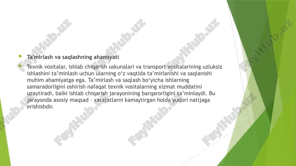 lona sarflanishi bilan belgilanadi. asosiy ko‘rsatkichlar: ishlab chiqarishning uzluksizligi va ishlab chiqarish samaradorligining oshishi; ta’mirlash xarajatlarining pasayishi va ekspluatatsion xarajatlarning kamayishi; jihozlarning uzoq muddat ishlashini ta’minlash orqali yangi jihoz sotib olishga bo‘lgan ehtiyojni kamaytirish. texnik samaradorlik mezonlari bu mezon texnik vositalarning ishonchliligi va xizmat muddatining uzaytirilishi bilan belgilanadi. ushbu ko‘rsatkichlar muhim: jihozlarning ishlashga tayyorlik darajasi va uzluksiz ishlash ko‘rsatkichi; kamchiliklarni aniqlash va ularni tezkor bartaraf etish mexanizmi; texnik xizmat intervalining optimal tashkil etilishi. tashkiliy va ekologik jihatlar tashkiliy jihatlar sifatida ta’mirlash va saqlash tizimining rejalashtirilganligi va boshqaruv tizimining samaradorligi muhimdir. ekologik jihatdan esa atrof-muhitga ta’sirning minimallashtirilishi katta ahamiyatga ega. ishlab chiqarish chiqindilarini kamaytirish va qayta ishlash; energiya va resurslarni tejovchi texnologiyalardan foydalanish; chiqindilarni qayta ishlash va xavfsiz utilizatsiya qilish tizimini yo‘lga qo‘yish. zamonaviy texnologiyalardan foydalanish zamonaviy texnologiyalar yordamida ta’mirlash va texnik xizmat ko‘rsatish samaradorligini oshirish mumkin. masalan, avtomatlashtirilgan monitoring tizimlari nosozliklarni oldindan aniqlashga yordam beradi. bu esa ta’mirlash vaqtini qisqartirib, …