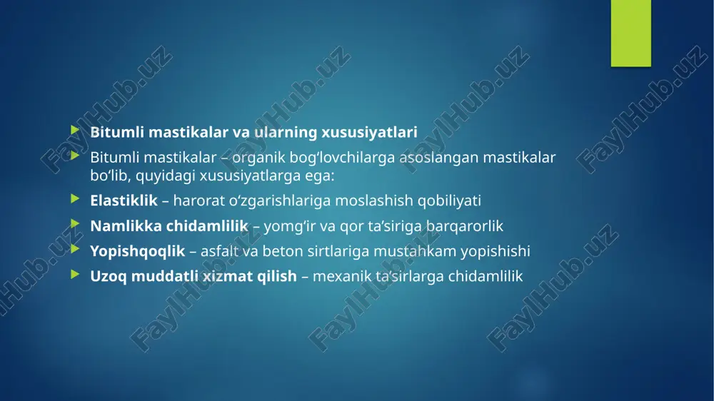 ish – kichik yoriqlarni maxsus freza yoki kesish moslamalari bilan kengaytirish tavsiya etiladi. quritish – namlikni butunlay olib tashlash uchun issiq havo yoki infraqizil quritish texnologiyasidan foydalaniladi. materiallarni tanlash va qo‘llash usullari bitumli mastikalar – maxsus qizdirish uskunalarida 170-200°c gacha qizdirilib, maxsus purkagich yoki metall shlanglar yordamida yoriqlarga quyiladi. germetiklar – maxsus avtomatlashtirilgan purkash uskunalari yoki qo‘lda siqib chiqarish qurilmalari yordamida yoriqlarga singdiriladi. silikonlar – kam harakatli joylar uchun mos bo‘lib, yoriqlar orasiga to‘ldirilib, spatula yoki maxsus uskunalar yordamida silliqlanadi. ishlov berish jarayonidagi texnik talablar ishlash harorati +5°c dan past bo‘lmasligi kerak. materiallar yoriqning tubigacha kirib borishini ta’minlash lozim. germetik materiallarni ortiqcha sarflashdan qochish kerak. yoriqni germetiklashdan keyin uni kamida 24 soat davomida harakatga ochmaslik tavsiya etiladi. choklarni tekshirish va texnik xizmat ko‘rsatish germetiklangan yoriqlarning sifati quyidagi mezonlar asosida baholanadi: to‘ldirilish darajasi – yoriq yoki chok to‘liq germetiklangan bo‘lishi lozim. yopishish sifati – material qoplamaga mustahkam yopishganligi tekshiriladi. yuzaning silliqligi …
