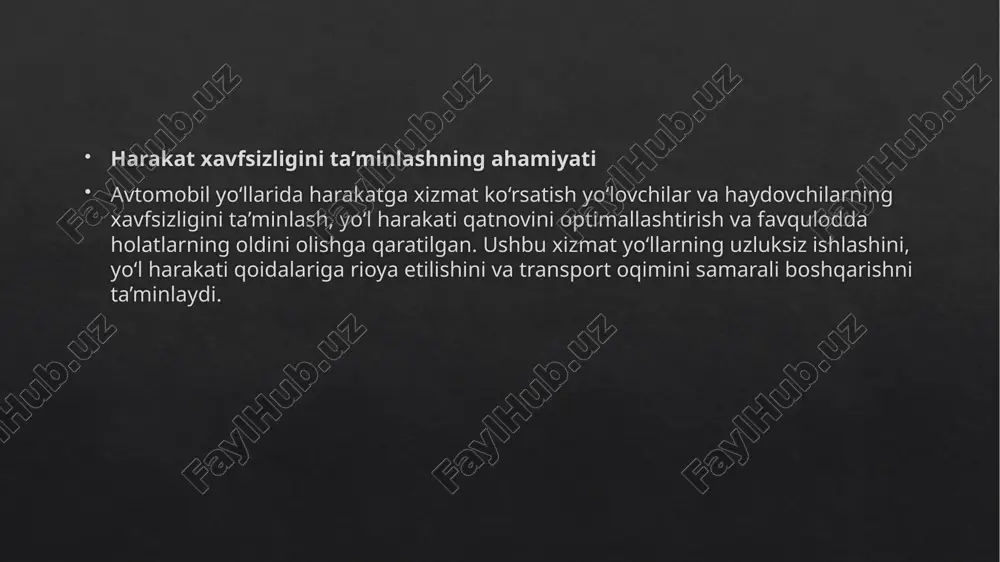 xavfsizlik choralari ko‘rish. yo‘l harakati boshqaruvi va monitoring tizimlari zamonaviy yo‘l harakati boshqaruv tizimlari transport oqimini muvofiqlashtirish va xavfsizlikni oshirishga yordam beradi: intellektual transport tizimlari (its) – real vaqt rejimida yo‘l harakati ma’lumotlarini yig‘ish va qayta ishlash. videokuzatuv kameralari – transport vositalarining tezligi va yo‘l harakati qoidalariga rioya etilishini nazorat qilish. yo‘l harakati haqida real vaqtda axborot berish tizimlari – haydovchilarga trafik tirbandliklari, ob-havo sharoiti va yo‘l ishlari haqida ogohlantirish. zamonaviy texnologiyalardan foydalanish transport sohasida zamonaviy texnologiyalar xizmat ko‘rsatish tizimini yanada samarali qiladi: elektron to‘lov tizimlari – pullik yo‘llarda avtomatik to‘lov tizimlarini joriy qilish. avtomatlashtirilgan yo‘l ta’mirlash uskunalari – yo‘lning tezkor ta’miri va xizmat muddatini uzaytirish. gps va sun’iy intellekt asosidagi yo‘l harakati boshqaruvi – transport vositalarining optimal yo‘nalishlarini hisoblash. xizmat ko‘rsatish bo‘yicha xalqaro tajriba dunyoning rivojlangan davlatlarida yo‘l harakatiga xizmat ko‘rsatish bo‘yicha quyidagi ilg‘or tajribalar mavjud: germaniya – yo‘llarning yuqori sifatini ta’minlash uchun avtomatlashtirilgan monitoring tizimlari. aqsh – yo‘l …