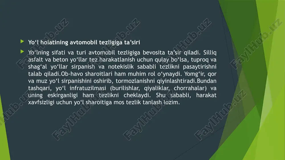 tish, yo‘l infratuzilmasini modernizatsiya qilish. tezlikni nazorat qilish – radarlar, svetoforlar va tezlik cheklovlarini joriy etish, xavfli hududlarda tezlikni pasaytirish choralarini ko‘rish. transport vositalarining texnik holatini tekshirish – avtomobillarning tormoz tizimi, shinalari va yorug‘lik moslamalarining sozligini muntazam nazorat qilish. yo‘l harakati qoidalariga rioya qilish – belgilarga amal qilish, masofa saqlash va xavfsiz tezlikni tanlash orqali avariyalarning oldini olish. aqlli transport tizimlarini qo‘llash – tirbandliklarni kamaytirish, yo‘lovchi va yuk tashish samaradorligini oshirish uchun raqamli texnologiyalarni joriy etish. yo‘l sifati va transport vositalarining tezligi yo‘l sifati avtomobilning harakat tezligiga bevosita ta’sir qiladi. silliq va sifatli asfalt yoki beton yo‘llar tez yurish uchun qulay bo‘lib, mashinalarning barqarorligini oshiradi va tormoz masofasini qisqartiradi.biroq, chuqurlari ko‘p, notekis yoki eskirgan yo‘llar avtomobil tezligini pasaytirishga majbur qiladi. bunday yo‘llarda tebranish, g‘ildirak sirpanishi va tormozlanish qiyinlashadi, bu esa xavfsizlikka salbiy ta’sir ko‘rsatadi.shuningdek, yo‘l qoplamasining turi ham muhim ahamiyatga ega. tuproq va shag‘al yo‘llarda avtomobillar asta harakatlanishga majbur bo‘ladi, …