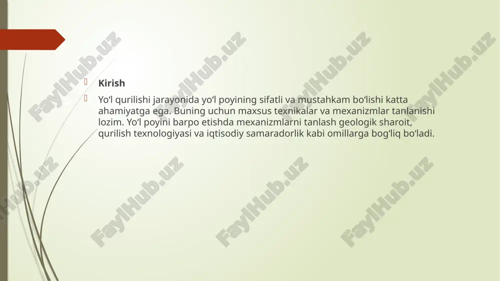hlagichlar – chuqur qatlamlarni mustahkamlash uchun ishlatiladi. pnevmatik zichlagichlar – elastik zichlashni talab qiladigan joylarda ishlatiladi. yo‘l qoplamasini yotqizish mexanizmlari asfalt yotqizish mashinalari – asfalt qoplamani teng ravishda yotqizish uchun ishlatiladi. beton quyish texnikalari – beton yo‘llarni qurishda ishlatiladi. yo‘l chizish mashinalari – yo‘l harakati chiziqlarini chizish uchun ishlatiladi. xulosa yo‘l poyini qurishda mexanizmlarni to‘g‘ri tanlash qurilish jarayonining samaradorligi va yo‘lning sifatini ta’minlash uchun juda muhim. tanlov geologik sharoit, ish unumdorligi va iqtisodiy omillarga bog‘liq bo‘lib, optimal texnologiyalarni qo‘llash yo‘l qurilishida vaqt va xarajatlarni tejash imkonini beradi. 2-mavzu avtomobil yo'llarini qurishda mashina-mexanizmlar otryadini reja: mashina-mexanizmlar otryadining vazifalari va tarkibi yo‘l qurilishida mashina-mexanizmlar otryadini tashkil etish mashina-mexanizmlar otryadidan foydalanishda samaradorlikni oshirish mashina-mexanizmlar otryadining roli avtomobil yo‘llarini qurishda mashina-mexanizmlar otryadi qurilish jarayonini tezlashtirish, ish sifatini oshirish va inson mehnatini yengillashtirishda muhim rol o‘ynaydi. ushbu otryad yerni tekislashdan tortib, asfalt yotqizish va yo‘l belgilashgacha bo‘lgan barcha bosqichlarda faoliyat yuritadi. mashina-mexanizmlar otryadining tarkibi mashina-mexanizmlar …