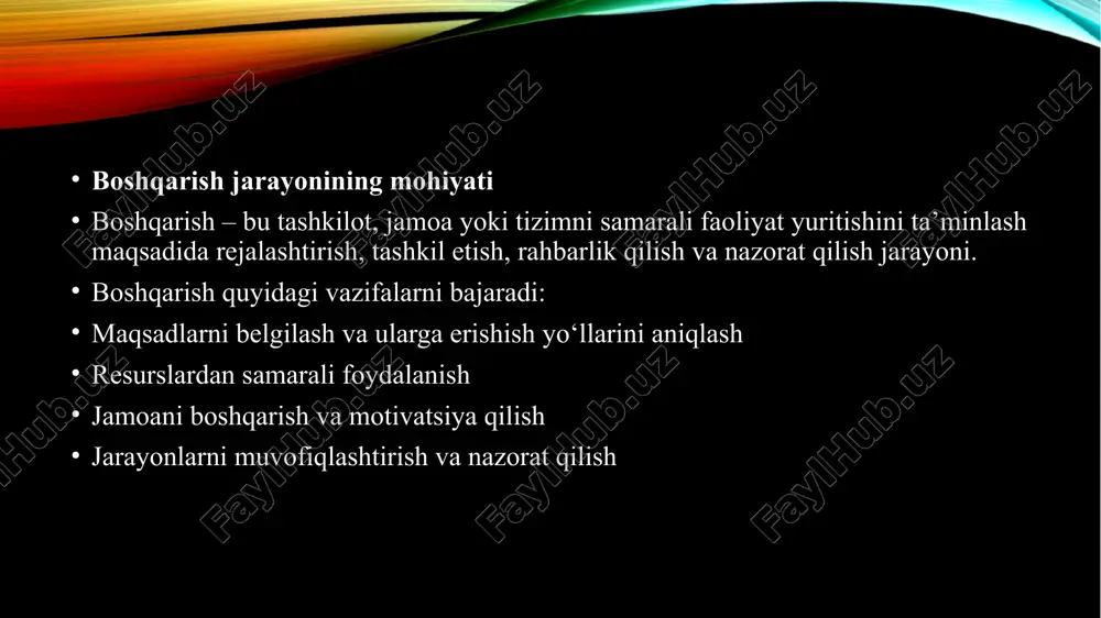 ari va ta’siri asosiy o‘rinda bo‘ladi. zamonaviy boshqaruv yondashuvlari – bu rahbarlik va tashkilot boshqaruvining yangi, innovatsion metodlari bo‘lib, ular samaradorlikni oshirish, xodimlarni rag‘batlantirish va bozor sharoitlariga moslashish imkonini beradi. zamonaviy boshqaruv yondashuvlari agile boshqaruv moslashuvchan va tezkor qaror qabul qilish tizimi jamoaviy ishlash va iterativ (bosqichma-bosqich) rivojlanish it sohasida keng qo‘llaniladi (masalan, scrum, kanban metodlari) transformatsion rahbarlik rahbar jamoani ilhomlantiradi va o‘zgarishlarga undaydi innovatsiyalar va kreativlikni qo‘llab-quvvatlaydi xodimlarning shaxsiy va professional rivojlanishini rag‘batlantiradi boshqaruv funksiyalari – bu tashkilot yoki jamoani samarali boshqarish uchun bajariladigan asosiy vazifalar majmuasi. ular rahbarlik jarayonining muhim tarkibiy qismlaridir va tashkilotning umumiy strategik maqsadlariga erishishiga xizmat qiladi. boshqaruvning asosiy funksiyalari rejalashtirish (planning) maqsad va strategiyalarni belgilash resurslarni taqsimlash qaror qabul qilish va risklarni baholash uzoq va qisqa muddatli rejalar ishlab chiqish avtoritar (avtokratik) boshqaruv uslubi xususiyatlari: rahbar barcha qarorlarni mustaqil qabul qiladi xodimlar faqat topshiriqlarni bajaradi qattiq tartib va nazorat mavjud intizom va buyruqbozlik asosida …