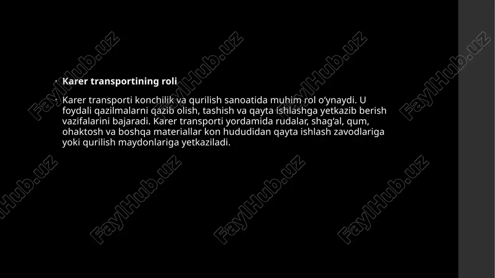 i. yer osti kon ishlari uchun transport tizimi maxsus yer osti yuk mashinalari yoki poezdlar yordamida yuklarni tashish amalga oshiriladi. aralash transport tizimi bir nechta transport turlaridan foydalanib, samaradorlikni oshirish maqsad qilingan tizim. zamonaviy texnologiyalar va avtomatlashtirish zamonaviy konchilik sanoatida avtomatlashtirish va sun’iy intellektga asoslangan boshqaruv tizimlari keng qo‘llanilmoqda. masalan: avtonom yuk mashinalari – haydovchisiz ishlaydigan maxsus yuk mashinalari yoqilg‘i sarfini kamaytiradi va xavfsizlikni oshiradi. monitoring tizimlari – gps va sensor texnologiyalari yuk mashinalarining optimal yo‘nalishini belgilashga yordam beradi. elektr transport – ekologik toza va yoqilg‘i xarajatlarini kamaytiruvchi innovatsion texnologiya. yo‘llarning texnik holatini yaxshilash karer ichidagi yo‘llar sifatli bo‘lishi kerak, aks holda transport vositalari tez eskiradi. yo‘llarni muntazam tekislash va mustahkamlash yuk tashish samaradorligini oshiradi. chang va namlikni kamaytirish uchun maxsus kimyoviy moddalar qo‘llash mumkin. xulosa karer transporti konchilik va yo‘l qurilish sanoatining ajralmas qismi bo‘lib, foydali qazilmalarni qazib olish va tashishda muhim rol o‘ynaydi. transport tizimining samaradorligi zamonaviy texnologiyalar, …