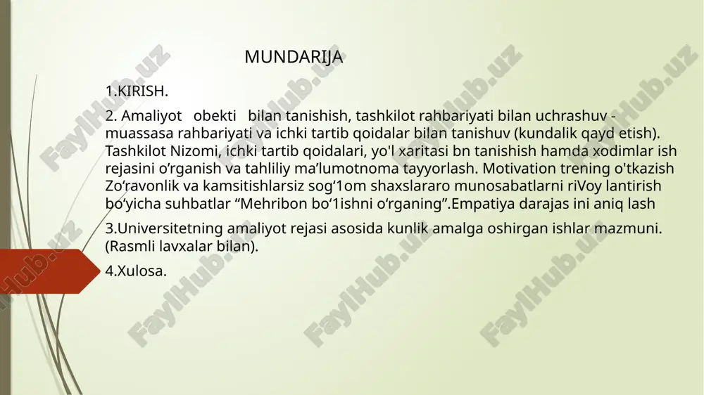 nosabatini o‘rganib, zarur ma’lumotlarni jamladim. olingan natijalar asosida individual yondashuv va qo‘llab-quvvatlash yo‘nalishlarini belgiladim. amaliyotning uchinchi kuni 05.03.2025 "maqsadlarga intilish" psixologik-pedagogik diagnostik metodikasini o‘tkazdim. ushbu metodika orqali bolalarning qiziqishlari, kelajakdagi tasavvurlari va motivatsiyasi o‘rganildi. mashg‘ulot davomida bolalar o‘z orzulari haqida suhbatlashdi, turli didaktik o‘yinlar va rasm chizish orqali o‘z istaklarini ifoda etishdi. natijalarga asoslanib, tarbiyachilar va ota-onalar uchun tavsiyalar berildi. amaliyotning to’rtinchi kuni 06.03.2025 tashkilot psixologining hujjatlari bilan tanishdim. bog‘cha psixologining ish yuritish hujjatlari, diagnostik metodikalari, tarbiyalanuvchilar bilan ishlash rejalari va individual rivojlanish kartalarini o‘rgandim.biriktirilgan guruh bilan tanishdim. guruh tarbiyachilari bilan suhbatlashib, bolalarning yosh xususiyatlari, rivojlanish darajasi va muammoli holatlar bo‘yicha ma’lumot oldim. guruhdagi bolalar bilan erkin muloqot qilib, ularning qiziqishlarini aniqladim va dastlabki kuzatuvlarni amalga oshirdim. amaliyotning beshinchi kuni 07.03.2025 guruh bilan suhbat tashkil etdim va “tanishuv” mashqini o‘tkazdim.bolalar bilan erkin muloqot olib borib, ularning o‘zaro tanishuvi va ijtimoiy moslashuvini yaxshilash maqsadida “tanishuv” mashqini tashkil qildim. mashg‘ulot davomida bolalar …