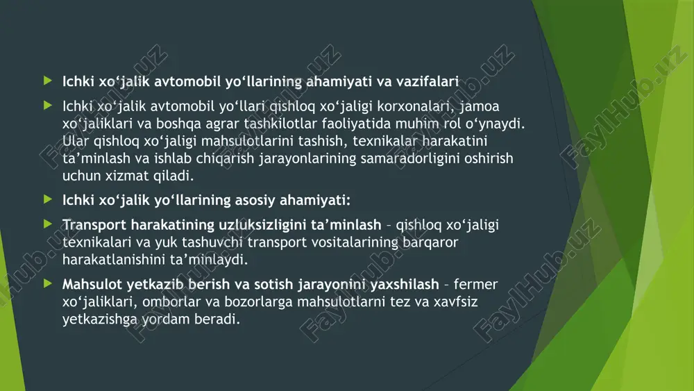 yog‘ishi kabi holatlarda yo‘llarning saqlanib qolishini ta’minlash. ekologik me’yorlarga mos bo‘lish – tuproq eroziyasining oldini olish va atrof-muhitga zarar yetkazmaslik. ichki xo‘jalik avtomobil yo‘llarining texnik talablari ichki xo‘jalik avtomobil yo‘llari samarali va xavfsiz ishlashi uchun muayyan texnik talablarga javob berishi kerak. bu talablar yo‘llarning funksional imkoniyatlarini oshirish, transport harakatining uzluksizligini ta’minlash va yo‘llarning uzoq muddat xizmat qilishini kafolatlashga qaratilgan. yo‘llarning kengligi ichki xo‘jalik avtomobil yo‘llarining kengligi ulardan foydalanish sharoitlariga bog‘liq bo‘lib, quyidagicha belgilanadi: bir tomonlama harakatlanish yo‘llari – kam yuklanishli yo‘llar uchun 3,5 – 4 metr kenglik yetarli. ikki tomonlama harakatlanish yo‘llari – transport harakati ko‘p bo‘lgan hududlar uchun 6 – 7 metr kenglik talab etiladi. asosiy xo‘jalik yo‘llari – og‘ir texnika va yirik hajmli yuklarni tashish uchun 8 – 12 metr kenglik tavsiya etiladi. yon yo‘laklar va xavfsizlik zonasi – harakat xavfsizligini oshirish uchun yo‘l yoqasida 0,5 – 1,5 metr qo‘shimcha maydon ajratilishi lozim. yo‘lning yuk ko‘tarish qobiliyati va …