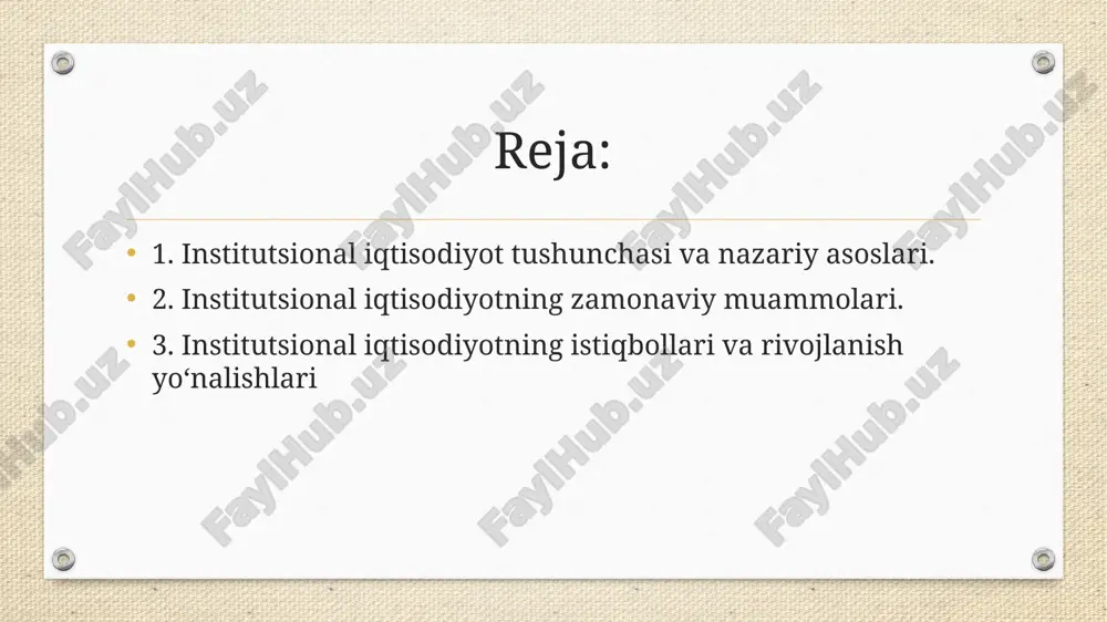 kili institutlarni “jamiyat o‘yin qoidalari” sifatida talqin qilgan. iqtisodiy rivojlanishda samarali institutlar (qonun ustuvorligi, mulk huquqi, mustaqil sud) hal qiluvchi omil ekanini asoslab bergan. 1993-yilda nobel mukofoti sovrindori bo‘lgan. 2. institutsional iqtisodiyotning zamonaviy muammolari globalizatsiya va institutsional muvofiqlashuv muammolari bugungi kunda dunyo iqtisodiyoti tobora globallashmoqda. biroq har bir davlatning o‘ziga xos qonunlari, siyosiy tuzilmalari va madaniy institutlari mavjud. natijada, xalqaro savdo va investitsiya oqimlarida institutsional moslashmovchilik yuzaga keladi. masalan: bir mamlakatda shaffof qonunlar mavjud bo‘lsa, boshqasida korrupsiya kuchli bo‘lishi mumkin. bu hol investorlar va xalqaro tashkilotlar uchun xavf tug‘diradi. korrupsiya va “samarasiz institutlar” muammosi ko‘plab rivojlanayotgan mamlakatlarda samarali qonunlar mavjud bo‘lsa ham, ularning amal qilishi sust. rasmiy institutlar kuchsiz bo‘lsa, norasmiy institutlar (tanish-bilishchilik, qarindoshlik aloqalari) kuchayib ketadi. korrupsiya, monopoliyalar va “soya iqtisodiyoti” institutsional rivojlanishga to‘sqinlik qiladi. davlatning haddan tashqari aralashuvi yoki bozorni boshqarolmasligi ayrim davlatlarda iqtisodiyotni haddan tashqari nazorat qilish iqtisodiy erkinlikni cheklaydi. aksincha, boshqa mamlakatlarda davlatning iqtisodiy jarayonlarni nazorat …