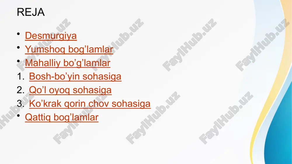 yog'idan iborat. kosinkali bog‘lam — bu uchburchak shaklidagi mato bilan yaralanish yoki jarohat joyini himoya qilish va qon ketishni to‘xtatish uchun qo‘l, bosh yoki boshqa tana qismlarini o‘rash usuli. u immobilizatsiya vazifasini bajaradi. to‘rt bog‘ichii sopqonsimon bog'lam - burun va iyakni bog’lash uchun ishlatiladi. uni tayyorlash uchun bint yoki boshqa yumshoq ip-gazlama olinadi va ikkala chetidan uning o'rtasigacha kesiladi. bintning kesilmagan qismini burun ustiga (burunni bog’lash lozim bo’lsa) qo'yiladi va bog'lash uchlari yonoq suyaklari ustida bir-birini kesib o'tadi. unda pastki uchi quloq ustidan o‘tib bog'lanadi, uuqorisi esa pastdan o'tib, bo'yinda bog'lanadi. konturli bog‘lamlar - ma’lum joyni bekitish uchun bichib olinadi va bog'lash uchun chekkalariga qo'shimcha tasmalar tikiladi. qorin osilib turganda, operatsiyadan keyingi churralarda qorinning oldingi devorini ushlab turish uchun konturli bandajlar ishlatiladi. konturli bog'lamlarga suspenzoriy ham kiradi. suspenzoriy - xaltacha va bog'lash tasmalaridan iborat, moyakni ko'tarib turish uchun ishlatiladigan belbog'li xaltacha. retelast - ip-gazlama tolalari bilan rezinani o'rab olgan elastik …