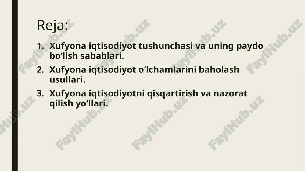 — moliyaviy bilim yetishmasligi ham yashirin faoliyatni rag‘batlantirishi mumkin. umuman olganda, xufyona iqtisodiyot mamlakat iqtisodiy tizimi uchun katta xavf tug‘diradi. chunki u davlat byudjetini daromadlardan mahrum qiladi, ijtimoiy adolatni buzadi, iqtisodiy statistikani noto‘g‘ri ko‘rsatadi va eng muhimi — iqtisodiy barqarorlikka salbiy ta’sir qiladi. shuning uchun xufyona iqtisodiyotning sabablari va ko‘lamini chuqur o‘rganish strategik ahamiyatga ega. xufyona iqtisodiyot o‘lchamlarini baholash usullari. xufyona iqtisodiyotning o‘lchamini aniq hisoblash dunyo miqyosida eng murakkab masalalardan biridir. chunki yashirin iqtisodiy faoliyat davlat organlari tomonidan rasmiy hisobga olinmaydi, ularning ko‘lami bevosita kuzatilmaydi. shu sababli iqtisodchilar va tahlilchilar turli xil usullar yordamida xufyona iqtisodiyotni bilvosita yoki to‘g‘ridan-to‘g‘ri baholashga harakat qiladilar. 1. to‘g‘ridan-to‘g‘ri usullar to‘g‘ridan-to‘g‘ri usullar xufyona iqtisodiyotni bevosita o‘rganishga qaratilgan bo‘lib, odatda, so‘rovnomalar, tekshiruvlar va nazorat mexanizmlaridan foydalaniladi. so‘rovnomalar va intervyular – aholining bandlik darajasi, norasmiy ishlar, yashirin daromadlar haqida bevosita savollar orqali ma’lumot yig‘iladi. nazorat va audit tekshiruvlari – davlat soliq qo‘mitasi yoki boshqa organlar tomonidan tadbirkorlarning …
