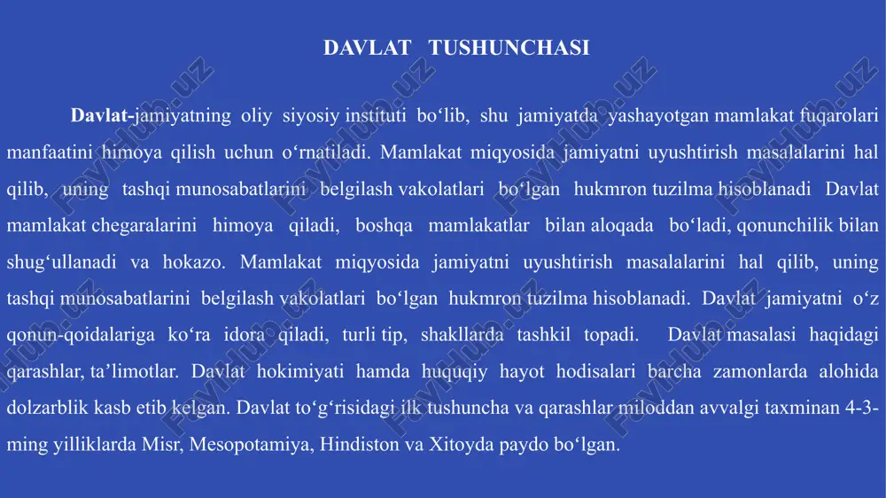 lar birgalikda mehnat qilish, bir-birlarini tushunish uchun oila qurishlari, oilalarni birlashtirishlari kerak edi. uning natijasida davlat vujudga kelgan deb tushuntiradilar. shartnomali nazariya xvii-xviii asrlarda vujudga kelgan bo’lib, bunga ko’ra davlat ixtiyoriy, aqliy kelishuv natijasida o’zaro shartnomalar tuzib, o’z ixtiyorlari orqali ayrim huquq va erkinliklarini davlatga berishgan. zo’ravonlik nazariyasi xix asr mutafakkirlarining ayrimlari bir qabilaning boshqa qabilalar tomonidan urush, zo’ravonlik, harbiy kuch bilan bosib olinishi asosida davlat vujudga kelgan deb ta’kidlaydilar. davlatning vujudga kelishi to’g’risidagi nazariyalar psixologik nazariya ushbu nazariya asoschilari davlatning vujudga kelishini insonning ruhiyatidagi o’zgarishlar bilan bog’laydilar 3 ilk davlatchilik tizimiga oʻtish jarayoni mil. av. 2-ming yillikning oʻrtalarida boshlandi. oʻzbek xalqi ajdodlarining ilk davlatchiligi tarixi ancha qadim ildizlarga ega. buni arxeologiya fani va yozma manbalar isbotlaydi. jumladan, avesto, ahamoniylar davri va qadimgi dunyo (yunon-rim) davriga taalluqli manbalarda bu yurtdagi viloyatlarning nomlari, aholining turmushi, dini, madaniyati, ijtimoiy-iqtisodiy va siyosiy tuzumi toʻgʻrisidagi maʼlumotlar bilan tanishish mumkin. oʻzbek xalqi ajdodlarining mil. av. …