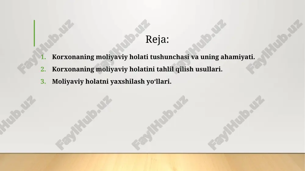 ida shakllantirish va ulardan oqilona foydalanish qobiliyati. u korxonaning uzoq muddatli rivojlanishini ta’minlaydi. to‘lov qobiliyati – bu korxonaning qisqa muddatli majburiyatlarini o‘z vaqtida va to‘liq bajarish imkoniyati. masalan, kreditlarni qaytarish, soliq to‘lash, ishchilarga oylik berish. bu ikki tushuncha moliyaviy holatning eng muhim ko‘rsatkichlaridan hisoblanadi. korxonaning moliyaviy holati uning iqtisodiy faoliyatini baholashda asosiy mezonlardan biridir. moliyaviy barqarorlik va to‘lov qobiliyati korxonaning nafaqat bugungi kundagi, balki kelajakdagi rivojlanishini ham belgilaydi. shuning uchun moliyaviy holatni tahlil qilish va doimiy nazoratda saqlash korxona rahbariyati uchun strategik ahamiyat kasb etadi. 2. korxonaning moliyaviy holatini tahlil qilish usullari. korxonaning moliyaviy holatini baholash va uni samarali boshqarish uchun turli xil tahlil usullaridan foydalaniladi. bu usullar orqali korxonaning moliyaviy resurslari, daromadlari va xarajatlari, aktivlari va passivlari hamda umumiy moliyaviy barqarorligi aniqlanadi. moliyaviy tahlil usullari rahbariyat, investorlar, kreditorlar va boshqa manfaatdor tomonlarga muhim axborot beradi. gorizontal va vertikal tahlil moliyaviy tahlilning asosiy usullaridan biri bu gorizontal va vertikal tahlildir: …