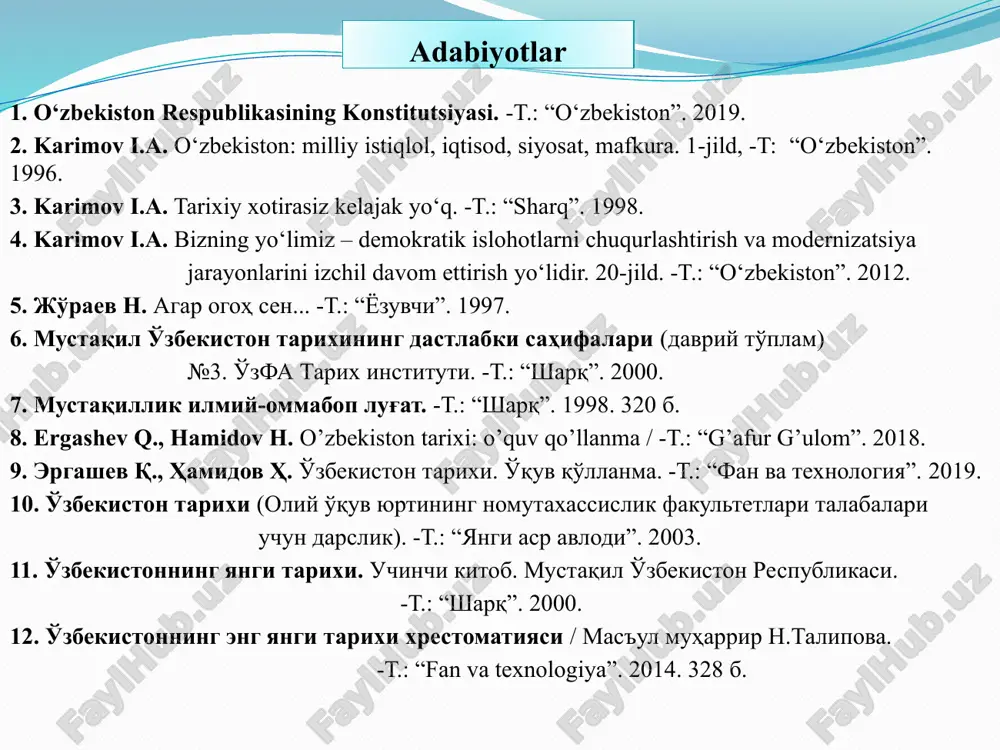 miyatchiligi. 7-14 moddalar iii bob. konstitusiya va qonunlarning ustunligi. 15-16 moddalar iv bob. tashqi siyosat. 17-modda ikkinchi bo‘lim inson va fuqarolarning asosiy huquqlari, erkinliklari va burchlari v bob. umumiy qoidalar. 18-20 moddalar vi bob. fuqarolik. 21-23 moddalar vii bob. shaxsiy huquq va erkinliklar 24-31 moddalar viii bob. siyosiy huquqlar. 32-35 moddalar ix bob. iqtisodiy va ijtimoiy huquqlar. 36-42 moddalar x bob. inson huquqlari va erkinliklarining kafolatlari. 43-46 moddalar xi bob. fuqarolarning burchlari. 47-52 moddalar uchinchi bo‘lim jamiyat va shaxs xii bob. jamiyatning iqtisodiy negizlari. 53-55 moddalar xiii bob. jamoat birlashmalari. 56-62 moddalar xiv bob. oila. 63-66 moddalar xv bob. ommaviy axborot vositalari. 67-modda o’zbekiston respublikasi konstitutsiyasining tarkibi to‘rtinchi bo‘lim ma’muriy-hududiy va davlat tuzilishi xvi bob. o‘zbekiston respublikasining ma’muriy-hududiy tuzilishi. 68-69 moddalar xvii bob. qoraqalpog‘iston respublikasi. 70-75 moddalar beshinchi bo‘lim davlat hokimiyatining tashkil etilishi xviii bob. o‘zbekiston respublikasi oliy majlisi. 76-88 moddalar xix bob. o‘zbekiston respublikasining prezidenti. 89-97 moddalar xx bob. …