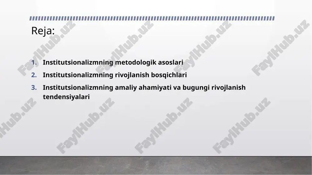 k va evolyutsionlik. iqtisodiy institutlar vaqt o‘tishi bilan o‘zgaradi va jamiyat taraqqiyoti jarayonida yangilanib boradi. institutsional yondashuvning ahamiyati bu nazariya iqtisodiyotda nafaqat iqtisodiy ko‘rsatkichlarni, balki ijtimoiy institutlarning samaradorligini ham tahlil qilish zarurligini ko‘rsatadi. misol uchun, mulk huquqi aniq belgilangan va sud tizimi mustahkam bo‘lgan jamiyatlarda investitsiya muhiti yaxshi shakllanadi. aksincha, institutlar zaif bo‘lgan jamiyatlarda iqtisodiy rivojlanish sekinlashadi. 2. institutsionalizmning rivojlanish bosqichlari. institutsionalizm iqtisodiyotdagi alohida yo‘nalish sifatida xix asr oxiri va xx asr boshlarida shakllandi. bu nazariya vaqt o‘tishi bilan bir necha bosqichlardan o‘tib, klassik, neoinstitutsional va zamonaviy ko‘rinishlarda rivojlanib borgan. 1. klassik institutsionalizm (xix asr oxiri – xx asr boshlarida) klassik institutsionalizm aqshda paydo bo‘lib, uning asoschilari sifatida t. veblen, j. r. kommons va u. mitchell kabilar ko‘rsatiladi. t. veblen iqtisodiyotda insonlarning xatti-harakatlarini ijtimoiy odatlar va psixologik omillar bilan izohladi. u “bekorchilik iste’moli” nazariyasi orqali iqtisodiy hayotda ijtimoiy maqom va obro‘ning ta’sirini ko‘rsatdi. j. r. kommons esa huquqiy institutlar, xususan …