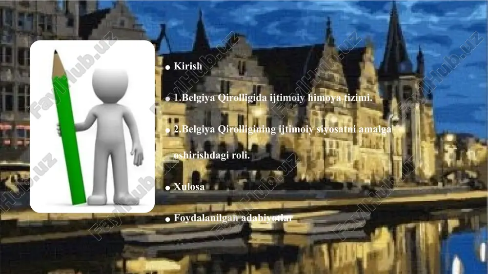 tizimini yaratishga ehtiyoj tug'dirgan. 20-asrning boshlarida, ayniqsa birinchi jahon urushi va keyinchalik iqtisodiy inqirozlar davrida, ijtimoiy islohotlar amalga oshirildi. 1920-yillarda belgiyada ishchilarni himoya qilish uchun birinchi ijtimoiy sug'urta tizimi joriy etildi. 1.belgiya qirolligida ijtimoiy himoya tizimi.​ belgiya qirolligida himoya tizimi, asosan, ijtimoiy himoya va xavfsizlikni ta'minlashga qaratilgan bir qator mexanizmlardan iborat. sog'liqni saqlash tizimi; ishsizlikni sug'urtalash; nogironligi bo`lgan shaxslar uchun yordam; ijtimoiy xizmatlar; bolalar va oilalarni qo'llab-quvvatlash; belgiya qirolligidagi ijtimoiy himoyaning maqsadi -kasallik, ishsizlik, qarilikvaboshqaxavf-xatar holatlarida fuqarolarning munosib turmush darajasini ta'minlashdir. ijtimoiy himoya tizimi davlat xizmatchilari va xususiy korxonalar ishchilariga pensiya va ish haqini to'lashni kafolatlaydi, shuningdek kam daromadli, uy-joy yetishmasligi yoki qiyin hayotiy sharoitlarda bo'lgan odamlarga yordam beradi. 2.belgiya qirolligining ijtimoiy siyosatni amalga oshirishdagi roli. 05.10.2025 9 belgiya qirolligi ijtimoiy siyosatni turli mexanizmlar va institutlar orqali amalga oshirishda muhim rol o'ynaydi. federal tuzilma ijtimoiy ta'minot tizimi qonunchilik tadqiqot va baholash ijtimoiy sheriklar bilan hamkorlik mintaqaviy siyosat 05.10.2025 10 federal …