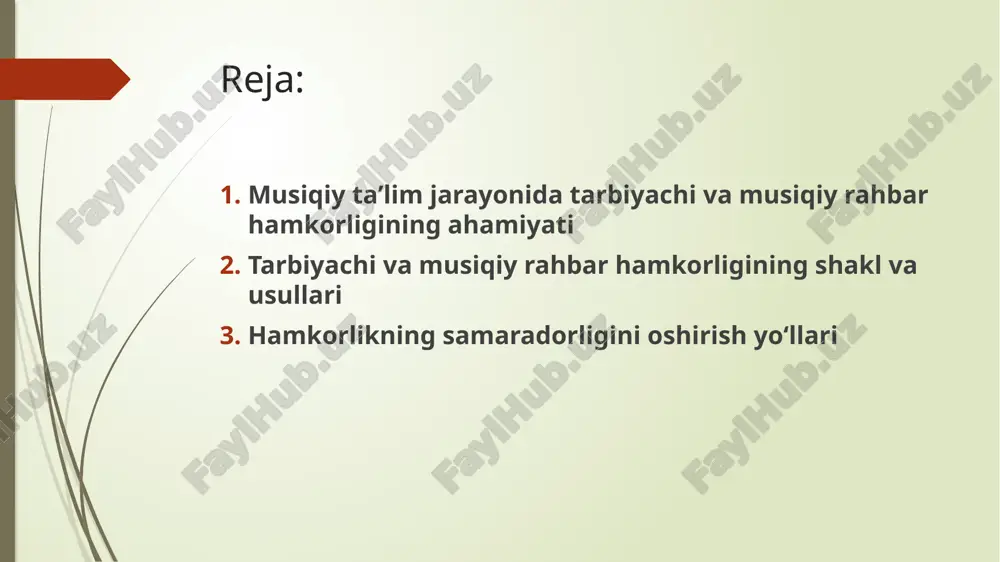 ayramlarda yoki kichik guruh faoliyatlarida qo‘llash orqali mustahkamlaydi. natijada bola musiqani tezroq o‘zlashtiradi va ijodiy faol bo‘lib boradi. bola shaxsini har tomonlama rivojlantirish. musiqa bolalarda nafaqat estetik didni, balki muloqot, xotira, diqqat, tafakkur va ijodiy qobiliyatlarni ham rivojlantiradi. tarbiyachi va musiqiy rahbar hamkorligida tashkil etilgan mashg‘ulotlar bolada o‘ziga ishonch, jamoada ishlash, hamkorlikda faoliyat yuritish kabi sifatlarni shakllantiradi. jamoaviy faoliyat va muloqot madaniyatini tarbiyalash. musiqiy mashg‘ulotlarda bolalar birgalikda qo‘shiq kuylaydi, raqsga tushadi yoki cholg‘u asboblarida oddiy ritmik harakatlarni bajaradi. bu jarayonda tarbiyachi va musiqiy rahbar birgalikda bolalarni tartibga chaqiradi, ularni jamoaviy faoliyatga o‘rgatadi. natijada bolalarda do‘stona munosabat, o‘zaro hurmat va madaniyatli muloqot odatlari shakllanadi. hamkorlikning natijalari bolalarda musiqaga qiziqish va muhabbat kuchayadi. musiqiy did, eshitish qobiliyati, ijodiy salohiyat rivojlanadi. tarbiyachi va musiqiy rahbarning yagona maqsad sari yo‘naltirilgan faoliyati ta’lim-tarbiyada yuqori samaradorlikni ta’minlaydi. bolalar musiqiy jarayonlardan zavqlanadi, ularda ijobiy his-tuyg‘ular shakllanadi. maktabgacha taʼlim muassasalarida tarbiyachi va musiqiy rahbarning o‘zaro hamkorligi musiqiy tarbiyaning …