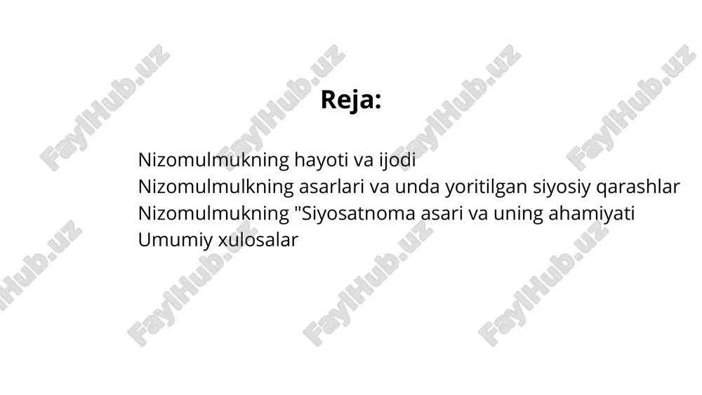 i nizomulmulk shoh va mansabdorlari amaliy hayot tajribasini ortirgan, mo'tabar oqsaqollar olimu fozil insonlar bilan maslahat olgan holda xalqni boshqarish talablarini ilgari suradi. shuningdek, zulmkor amaldorlardan zulm va adolatsizlik ko'rgan har bir fuqaro hokim, vazir hatto shaxsan shohga shikoyat bilan arz qikish imkoniyatiga ega bo'lishi lozim nizomulmulk yashagan davrda davlat bilan jamiyat o'rtasida chegara o'tkazishmushkul ish bo'lsa ham mutafakkir jamiyatni saltanatdan ayri holda tasavvur qilib bilidi. lekin u shunga qaramay, jamiyatni adolatli bo'lishini siyosiy elitaga-hukumdorga, saroy mansabdordorlariga, hokimlariga bog'liqdir, deb bildi. albatta, o'rta asrlardagi feodal munosabatlarga asoslangan monarxiya tuzumida jamiyat faoliyatini tashkil etish vazifasini asosan davlat hokimiyatining qo'lida edi. nizomulmulk siyosatnoma asarida davlatning kelib chiqishi, davlat qurishdan ko'zda tutilgan maqsadlar masalasiga keng to'xtaladi. avvalo, u davlatning kelib chiqishini ilohiy tomonlarini ochib berish bilan bir qatorda, uning asosiy vazifalaridan biri adolatli jamiyatni tashkil etish ekanligini turli usullar bilan isbotlashga urinadi: " alloh odamlardan bir kishiga qudratini ko'rsatib, davlat va iqbol beradi. …