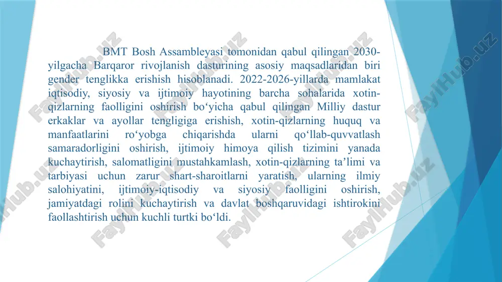 fasiga aylanib bormoqda.hozirgi kunda jamiyatimiz hayotida ko'plab islohotlar amalga oshirilmoqda. xususan davlatimiz rahbari sh.m.mirziyoevning quyidagi so'zlaridan bilishimiz mumkin - "barchamiz uchun aziz va mo'tabar bo'lgan ayol zoti haqida so'z yuritar ekanmiz, avvalambor, bizni dunyoga keltirgan, oq sut berib voyaga yetkazgan ona siymosi oldida bosh egib ta'zim qilamiz. yer yuzida muqaddas degan so'zga eng munosib zot bu - avvalo, onadir. xalqimiz ona siymosini doimo ulug'lab, ardoqlab yashaydi. yurtimizda onalarni sharaflab muhtasham haykallar bunyod etilgani ham shundan dalolat beradi ayollarning shaxsiy huquq va erkinliklarining kafolati bugungi kunda har bir rivojlangan mamlakat fuqarolari farovonligi ta'mnlanganining asosiy ko'rsatkichi hisoblanadi. o'zbekistonda ham bugungi kunda ayollarning huquq va erkinliklarini ta'minlash sohasida jadal islohotlar olib borilmoqda. bu avvalo respublika konstitutsiyasida barcha fuqarolarning tengligi belgilab qo'yilganligini, shuningdek, 18, 46, 63, 64, 65, 66-moddalari bilan bevosita ayollar huquqlarining konstitutsiyaviy kafolati mustahkamlanganligini, xalqaro hujjatlarda bo'lgani kabi, ichki qonunchilikda ham jins belgisi bo'yicha kamsitmaslik to'g'risidagi qoida birinchi o'ringa chiqarilganligini ta'kidlash o'rinlidir. …