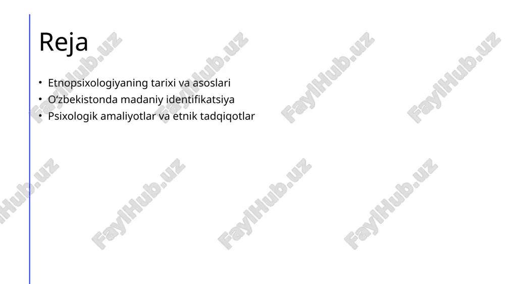 da. 3 davlat va ilmiy qo'llab-quvvatlash - oʻzbekistonda etnopsixologik tadqiqotlar davlat tomonidan qo'llab-quvvatlanmoqda, bu esa ilmiy hamkorlik va yangi tadqiqotlar olib borishga imkon yaratmoqda. oʻzbek xalqining madaniy identifikatsiyasida tarixiy omillar. tarixiy meros oʻzbek xalqining madaniy identifikatsiyasida tarixiy meros muhim rol o'ynaydi. asrlar davomida shakllangan an'analar, urf-odatlar va qadriyatlar, o'zbeklarning o'ziga xosligini belgilaydi. etnik birlik oʻzbek xalqining etnik birligi, ularning tarixiy kechmi-shi va geografik joylashuvi bilan bog'liq. bu birlik, milliy ruhni mustahkamlashga yordam beradi. madaniy almashuv oʻzbekistonning strategik joylashuvi, turli madaniyatlar bilan aloqalarni kuchaytiradi. bu almashuv, o'zbek madaniyatining rang-barangligini va boyligini ta'minlaydi. madaniy identifikatsiya va oʻzbekistondagi etnik xilma-xillik. 1 madaniy identifikatsiya madaniy identifikatsiya, shaxsning o'z xalqiga, tarixiga va madaniyatiga bo'lgan aloqasini anglatadi. o'zbekistonda bu jarayon, ajdodlarning merosini saqlashda muhim rol o'ynaydi. 2 etnik xilma-xillik o'zbekistonda 130 dan ortiq etnik guruhlar mavjud, bu esa madaniy xilma-xillikni oshiradi. har bir guruh o'ziga xos an'ana va urf-odatlarga ega. 3 tarixiy kontekst o'zbekistondagi tarixiy voqealar, …