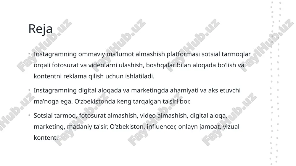 a'lumot yetkazish. bu, mijozlarni mahsus xizmatlardan xabardor qilish uchun muhimdir. 2 o'zgaruvchilik reklamada o'zgaruvchilik muhimdir - mijozlar xabarlarni o'zgartirish, taqdimotlarni yangilash, va mijozlar bilan bog'lanishni ko'paytirish uchun reklama strategiyalarini o'zgartirish. 3 targ'ibot kontentni reklama qilishda targ'ibotning roli katta - yangi mijozlarni jalb qilish, ularni brandaga tortish va ularni sotib olish uchun reklama vositalaridan foydalanish. 4 kuzatish va natijalarni baholash reklama natijalarini kuzatish va baholash muhimdir - mijozlarning munosabatlarini o'rganish, mijozlar bilan bog'lanish darajasini o'rganish va reklama investitsiyalarining qayd etilishi. sotsial tarmoqning bosqichlarini oshirish: instagram va uning ta'siri 1 sotsial tarmoqning o'sish - instagram, ommaviy aloqada o'sayotgan sotsial tarmoqning bir qismidir va uning ta'siri har kuni ko'proq zarurroq bo'lyapti. 2 instagramning rivojlanishi - instagram o'sayotgan sotsial tarmoqdagi o'rni va o'sishi, ommaviy aloqada uning muhim ahamiyati va etkisi katta. 3 ta'siri va oqimlarni o'zgartirish - instagram, kompaniyalarga yangi bozorlarga kirish uchun zarur strategiyalar yaratishda muhim vosita bo'lib, marketing oqimlarini o'zgartirishda katta rol …