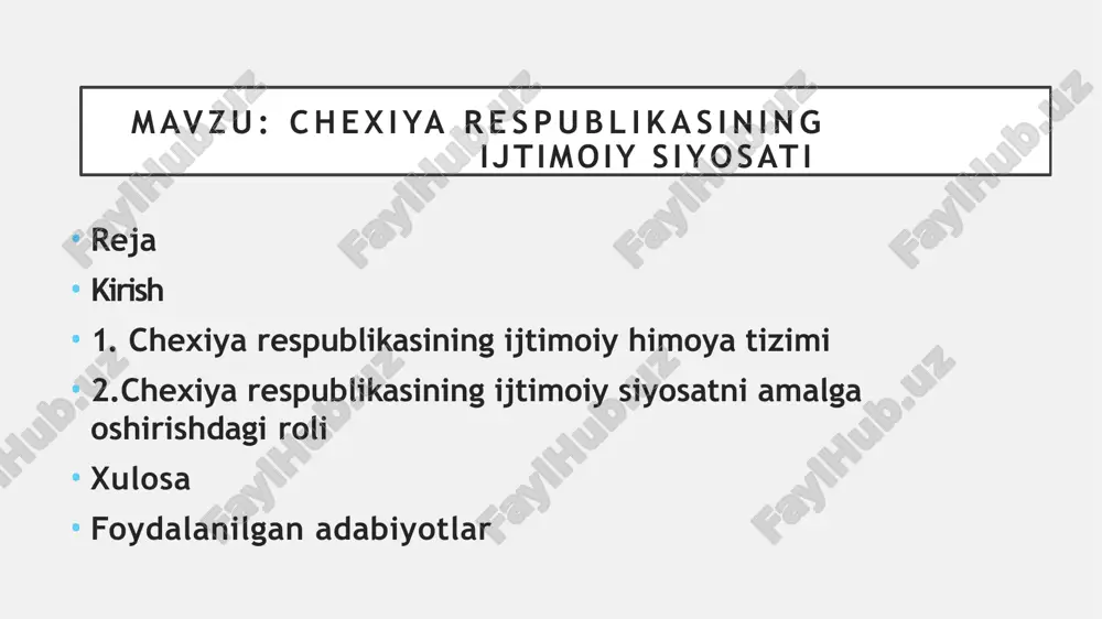 qarorlikni ta’minlashga xizmat qiladi. ijtimoiy himoya sohasida olib borilayotgan islohotlar nafaqat iqtisodiy taraqqiyotga, balki jamiyatning ijtimoiy farovonligiga ham katta hissa qo‘shmoqda. chexiya respublikasi markaziy yevropa mintaqasidagi iqtisodiy va siyosiy jihatdan barqaror davlatlardan biri bo‘lib, uning ijtimoiy siyosatni amalga oshirishdagi yondashuvi mintaqadagi boshqa davlatlar uchun o‘rnak sifatida qaraladi. mazkur davlatda ijtimoiy siyosatning maqsadi aholining farovonligi va ijtimoiy adolatni ta’minlashdan iborat. ushbu siyosat turli sohalarni qamrab oladi, jumladan, mehnat bozori, sog‘liqni saqlash, ta’lim tizimi va ijtimoiy himoya masalalari. universallik va inkluzivlik: barcha fuqarolar davlat tomonidan taqdim etiladigan xizmatlardan teng foydalanish imkoniyatiga ega. bu tamoyil sog‘liqni saqlash va ta’lim xizmatlarini barcha uchun ochiq qilish orqali amalga oshiriladi. barqarorlik: ijtimoiy dasturlarni moliyaviy jihatdan qo‘llab-quvvatlash barqaror bo‘lishini ta’minlash uchun davlat o‘z iqtisodiyotini rivojlantirishga katta e’tibor qaratadi. chexiya respublikasining sog‘liqni saqlash tizimi butun aholiga birdek xizmat ko‘rsatadi va bu tizim davlat tomonidan moliyalashtiriladi. davlat sog‘liqni saqlashni ijtimoiy sug‘urta orqali qo‘llab-quvvatlaydi, bu esa aholini katta moliyaviy yukdan …