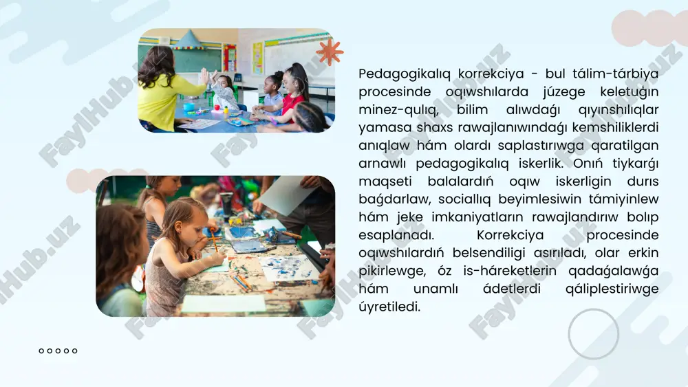 imdegi kemshiliklerdi saplastırıw máselesi bolsa bilim beriw procesiniń tiykarģı wazıypalarınan biri. ayırım oqıwshılar temanı ózlestiriwde qıyınshılıqqa dus keliwi, óz betinshe pikir júrgiziwde tómen bolıwı yamasa bilimlerdi ámeliyatqa qollanıwda qıyınshılıqqa dus keliwi múmkin. bunday jaǵdaylarda pedagogikalıq korrekciya arnawlı metodikalıq qatnaslardı, qosımsha shınıǵıwlardı, interaktiv usıllardı hám individual tapsırmalardı qollanıwdı talap etedi. bul arqalı oqıwshılarda bilimlerdi puqta ielew, pikirlewdi rawajlandırıw hám bekkem kónlikpeler payda etiwge erisiledi. interaktiv metodlar - bul bilim beriw procesinde muģallim hám oqiwshilardıń birgelikte belsendi qatnasıwına tiykarlangan usıllar. pedagogikalıq korrekciyada interaktiv metodlardan paydalanıw oqıwshılarda ģárezsiz pikirlew, sóylesiw, birgelikte islew hám sociallıq kónlikpelerdi qáliplestiriwde úlken áhmiyetke iye. sebebi korrekciya procesinde tek bilim beriw emes, al shaxstaǵı kemshiliklerdi dúzetiw hám olardı jámiyetke beyimlesken halda tárbiyalaw áhmiyetli. interaktiv metodlar bul proceste oqıwshınıń jeke tájiriybesin rawajlandıradı, olardı sociallıq ortalıqqa tayarlaydı hám qıyınshılıqlardı jeńiwge járdem beredi. interaktiv metodlardıń túrleri júdá hár qıylı bolıp, pedagogikalıq korrekciyada kóbirek tómendegi usıllar nátiyjeli qollanıladı: rolli oyınlar (oqıwshılardıń túrli turmıslıq …
