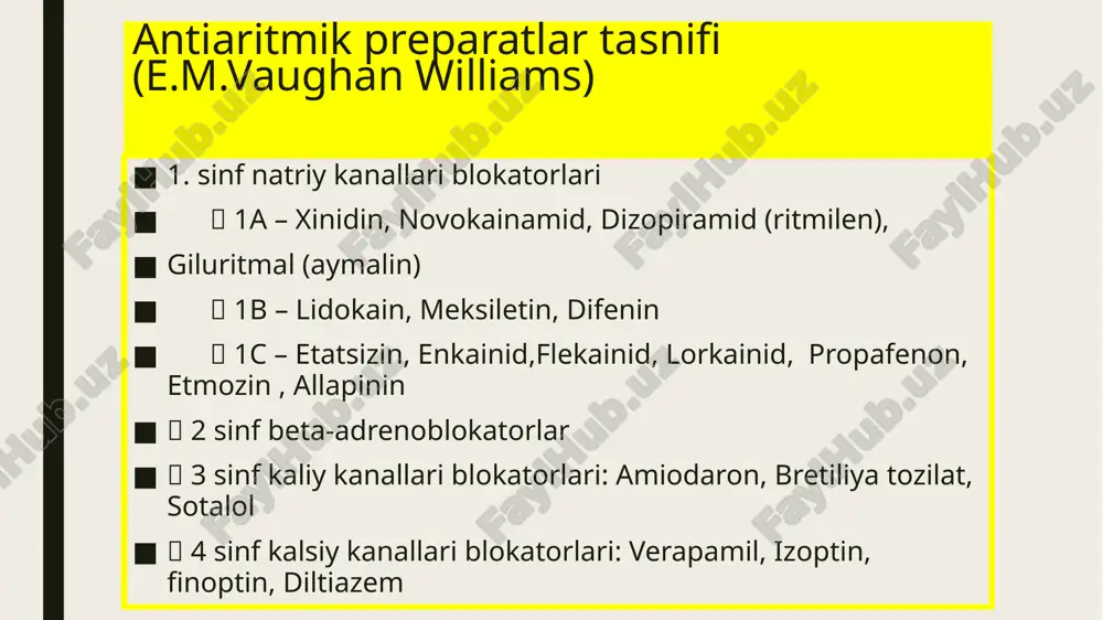 i tugridan – tugri bloklanishiga karamasdan, x. yurakurishini oshiradi. buni kisman ab pasayishi tufayli paydobuladigan reflektor adrenerikta'sirot bilan xam tushuntirish mumkin. x. ning antixolinerik ta'siri digitalis xisobigaadashgan nerv faolligini oshishi tufayli paydo buladigan aritmiyalarda ishlatiladi x. terapevtik mikdorlarda berilganda ekgda sinus taxikardiyasi kuzatiladi. kattamikdorda berilganda esa utkazuvchanlik va kuzgaluvchanlikni buzilishi xisobga sinoaurikularblokada bulishi mumkin. rr interval uzayadi. q-t intervali xam kisman elektr sistolasidavomiyligini uzayishi va kisman korincha ichki utkazuvchanligi tezligini sekinlashuvinatijasida uzayadi. bu esa qrs kompleksi va umumiy elektromexanik sistolaning (ekg dagi q tulkini boshlanishidan fkg dagi ii ton birinchi yirik ostsilyatsiyasigacha bulgan interval) oshishida uz aksini topadi. x. ning katta mikdori idnoventrikulyar impulsining paydobulishiga olib kelishi mumkin. x. digitalis bilan davolanayotgan bemorlarda kutilmaganritm buzilishlarini yuzaga keltirishi mumkin. novokainamid, prokainamid novokainamid, prokainamid (ii). patent nomi – prokainamid gidroxlorid, pronestil va boshkalar, tabletka – 250, amp 10% - 5 ml yoki fl 10 ml. farmakrdinamika – p. – 1 gurux aap …